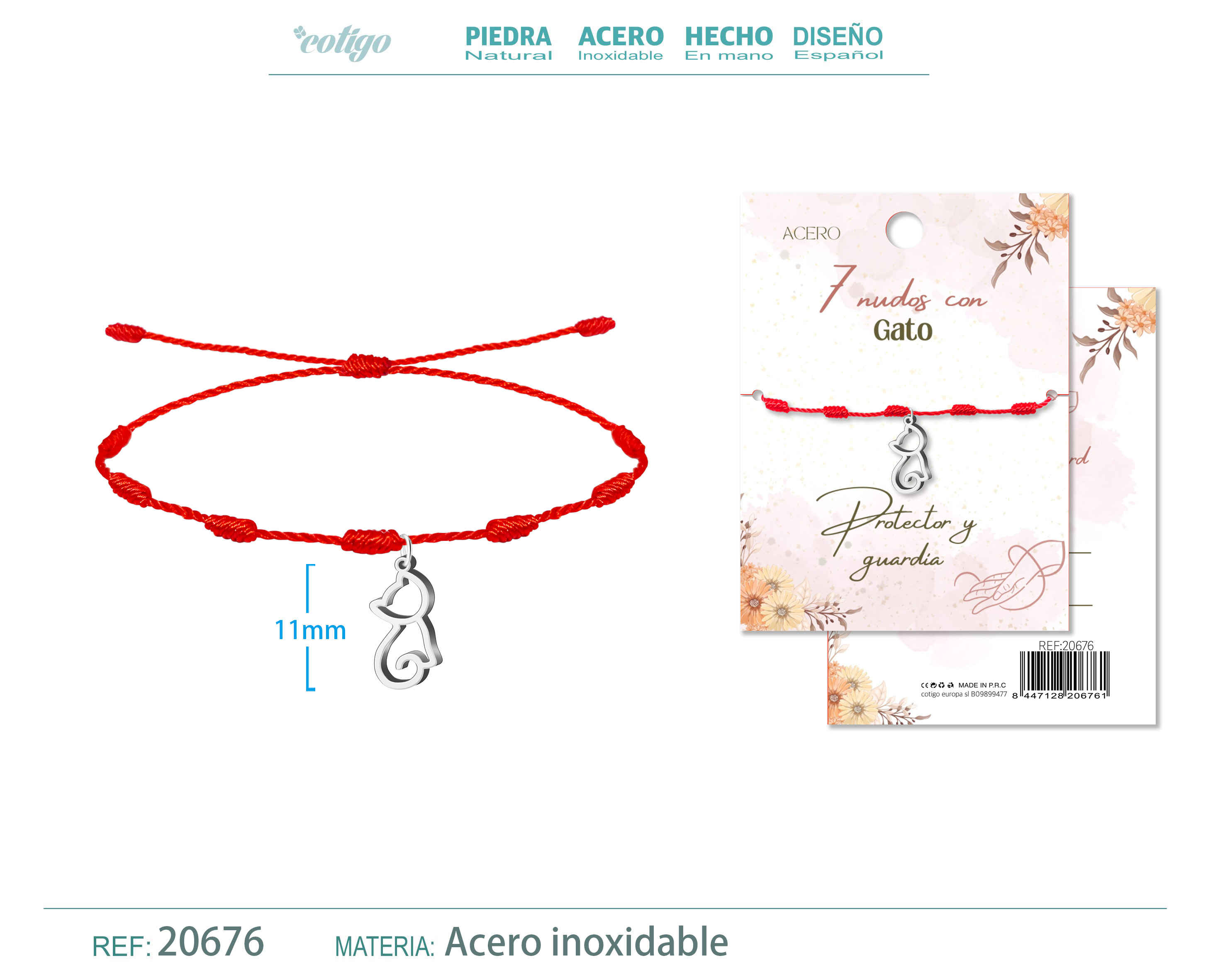 Pulsera 7 nudos con Gato color Plateado