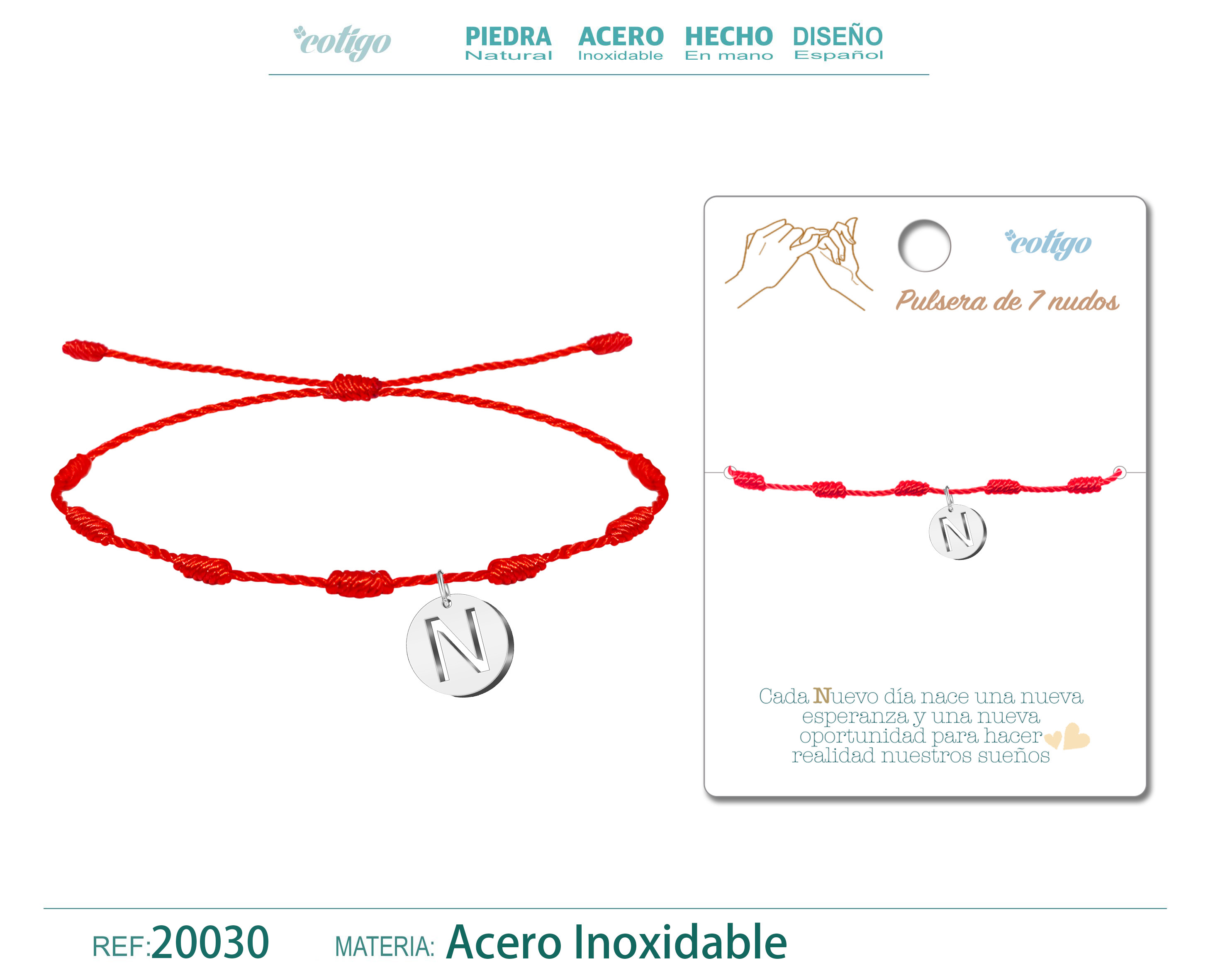 Pulsera 7 Nudos con letra N color Plateado