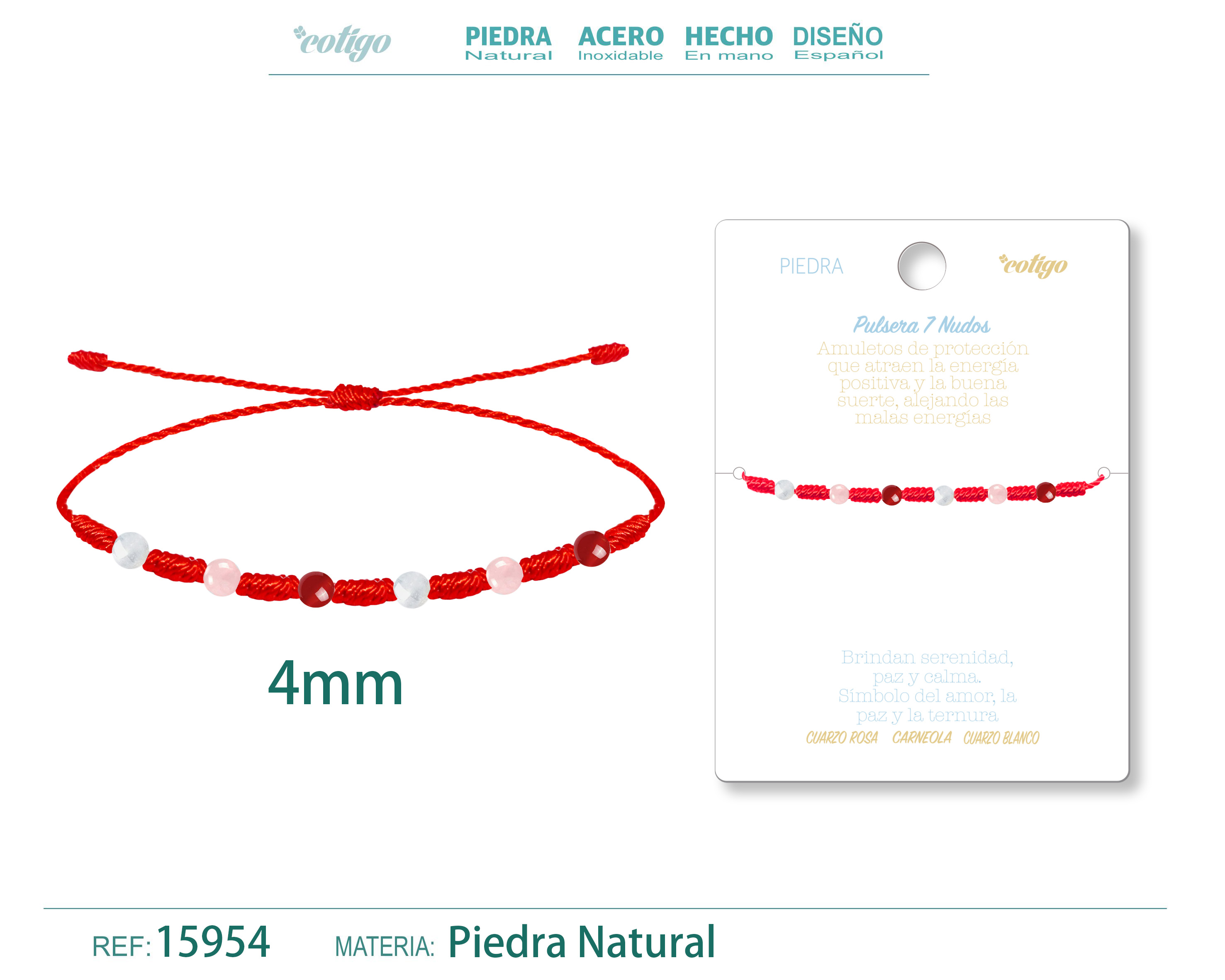 Pulsera 7 Nudos con Carneola+Cuarzo blanco+Cuarzo rosa 4mm