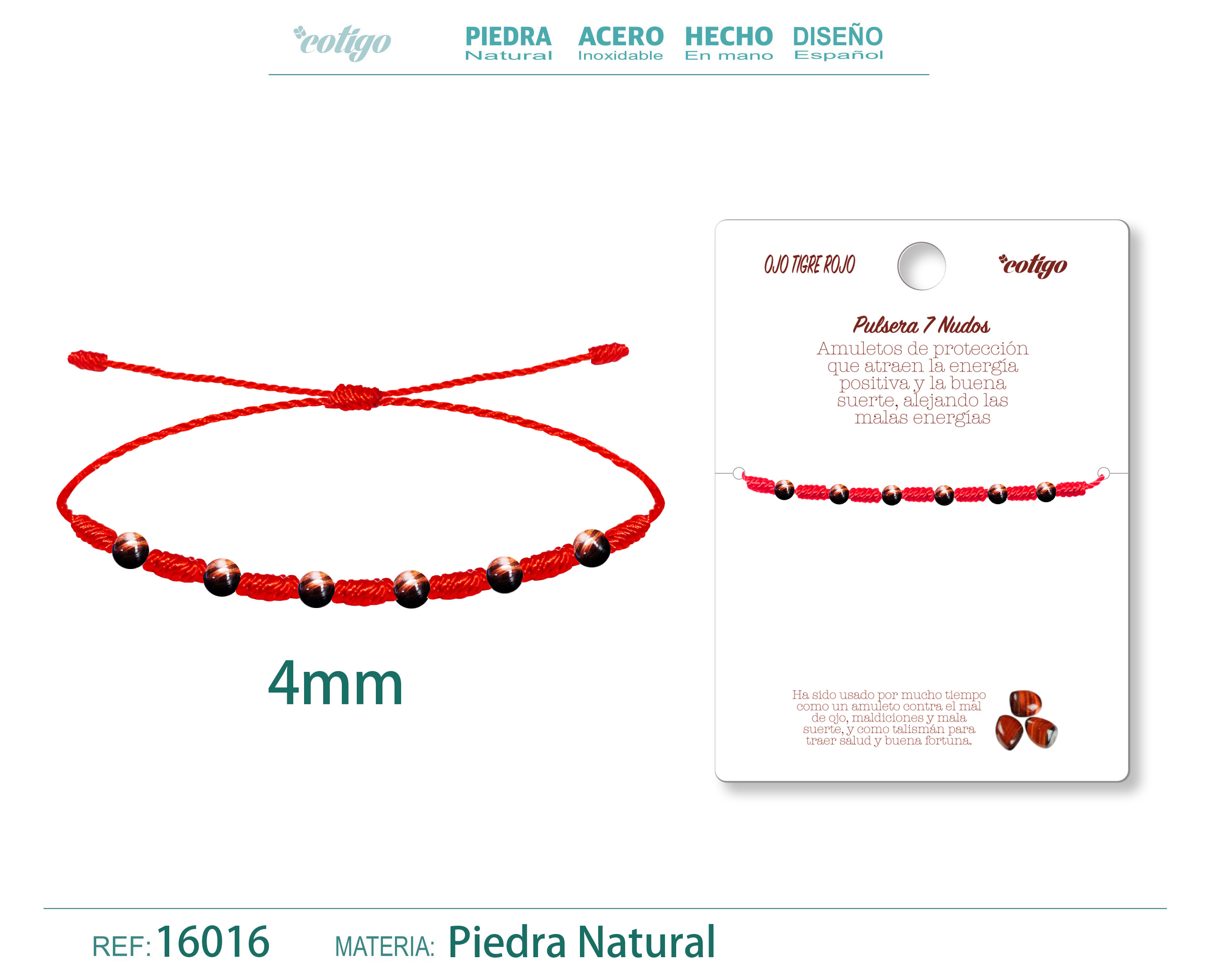 Pulsera 7 Nudos con Ojo tigre rojo 4mm