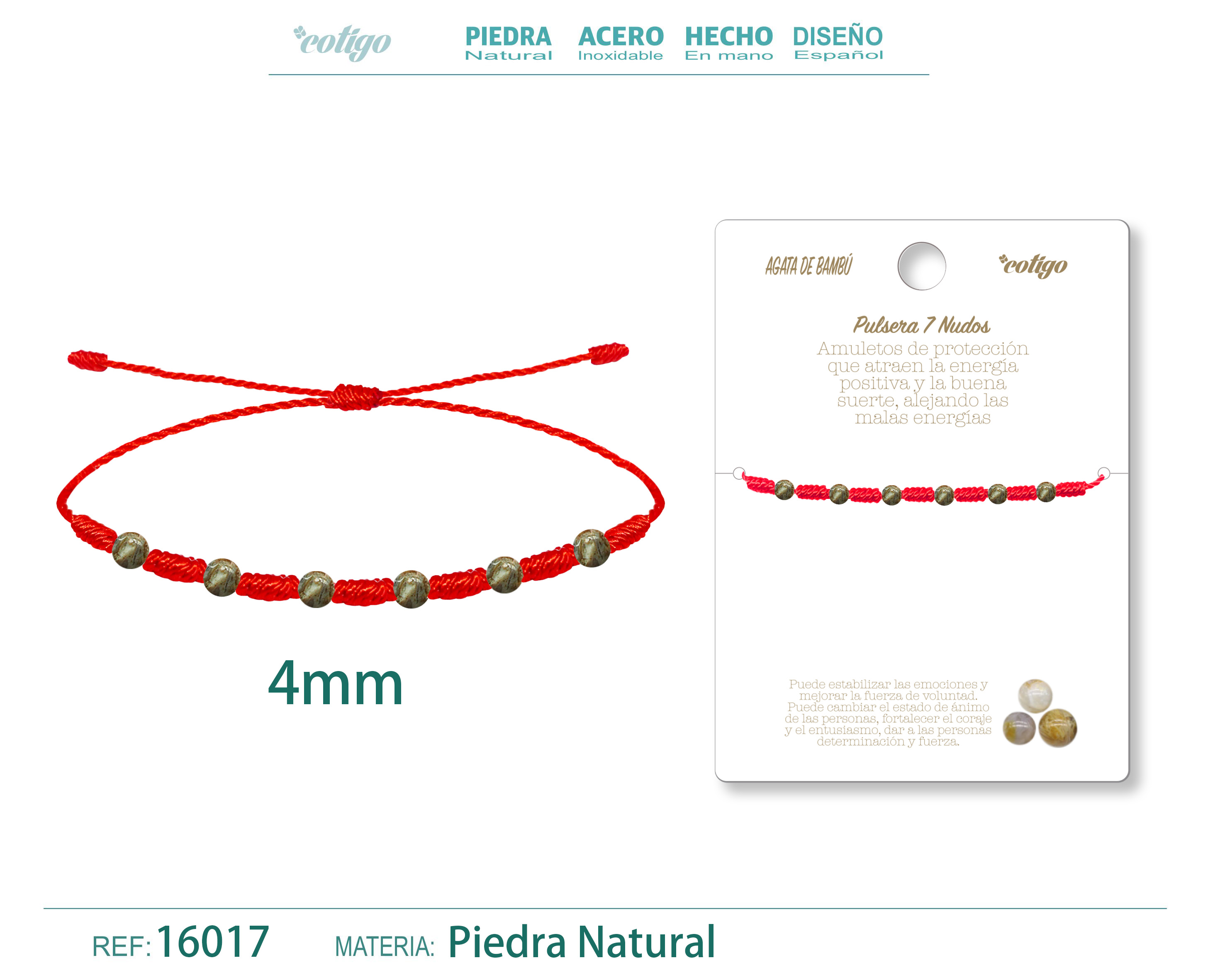 Pulsera 7 Nudos con Agata de bambú 4mm