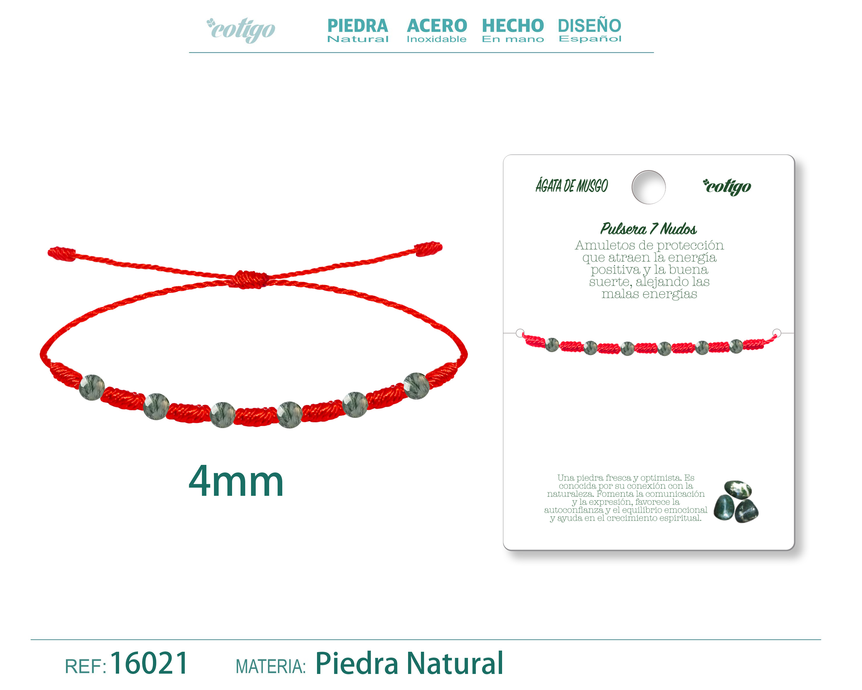Pulsera 7 Nudos con Agata de musgo 4mm