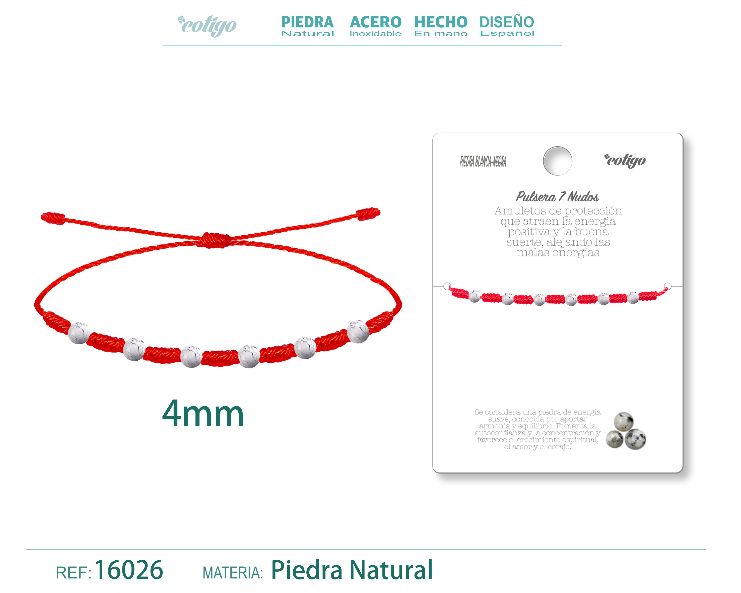 Pulsera 7 Nudos con Piedra balnco-negra 4mm