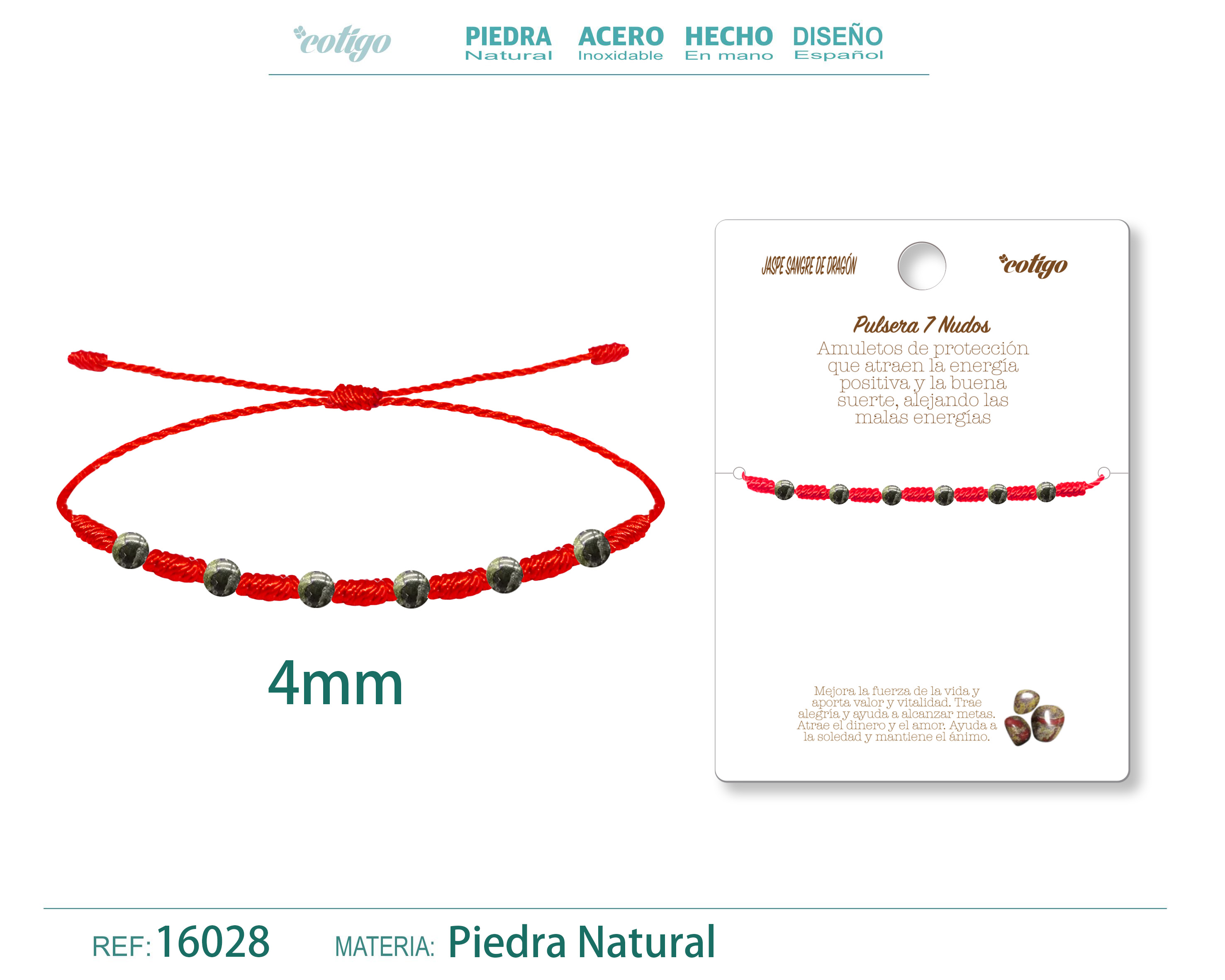 Pulsera 7 Nudos con Jaspe sangre de dragón 4mm