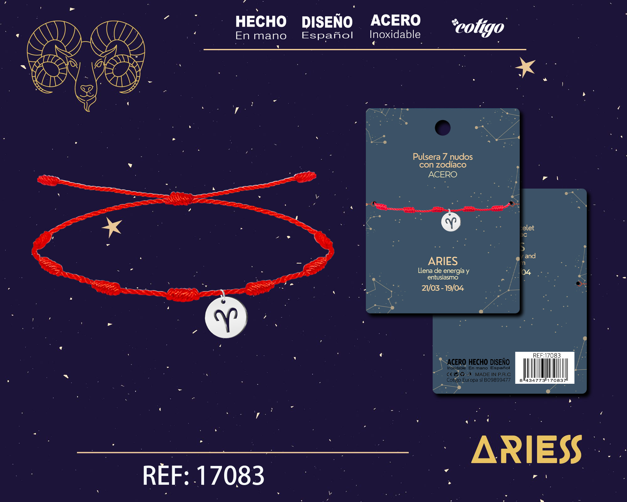 PULSERA 7 NUDOS CON ARIES ACERO. COLOR PLATEADO