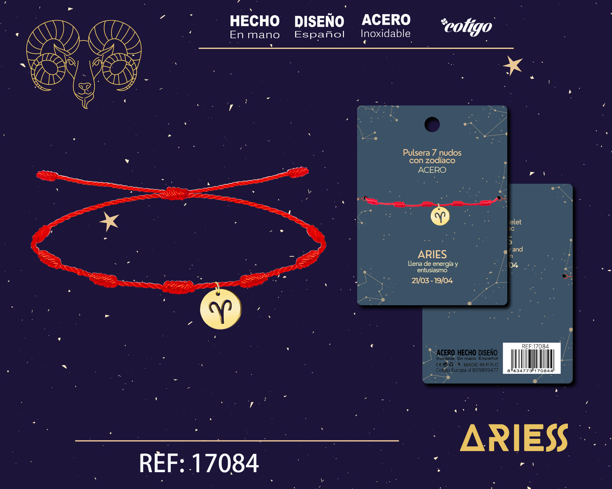 PULSERA 7 NUDOS CON ARIES ACERO. COLOR DORADO