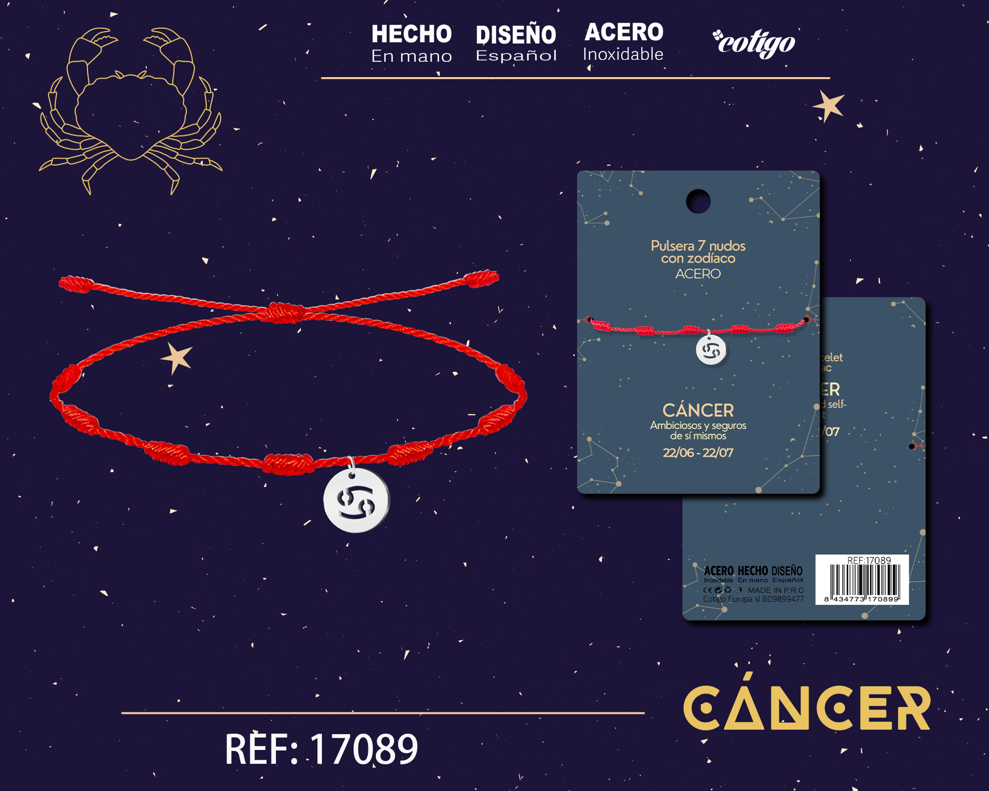PULSERA 7 NUDOS CON CANCER ACERO. COLOR PLATEADO