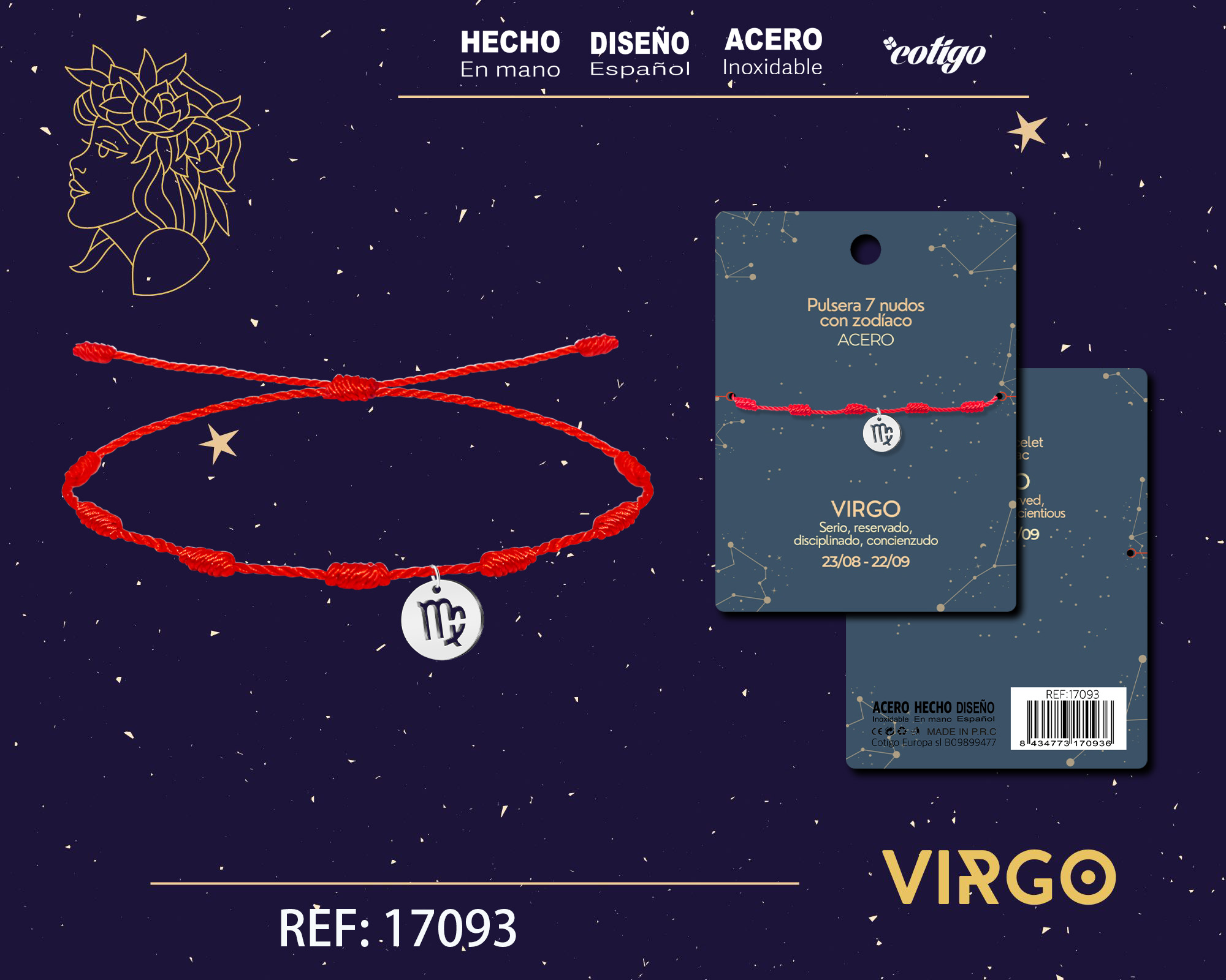 PULSERA 7 NUDOS CON VIRGO ACERO. COLOR PLATEADO