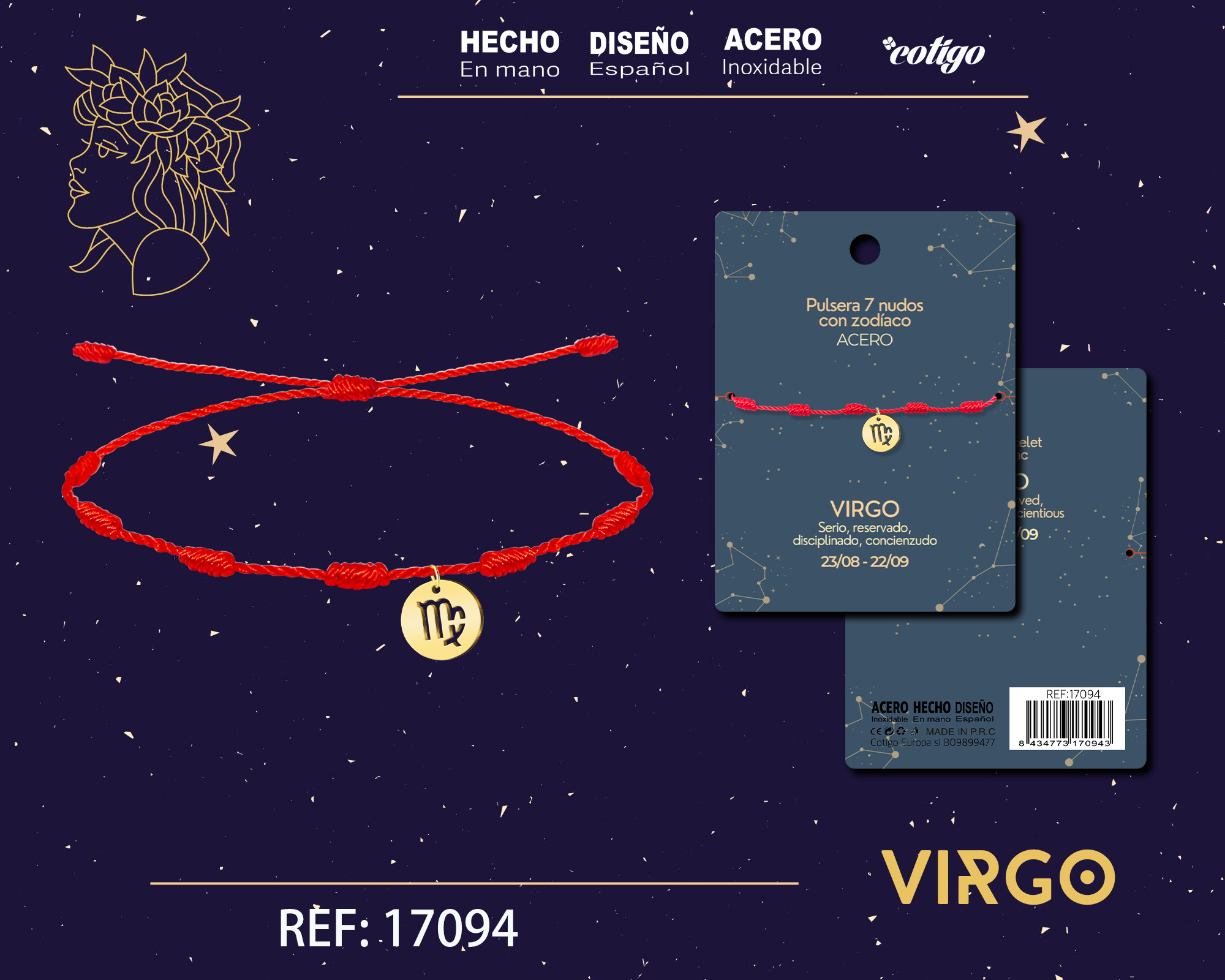 PULSERA 7 NUDOS CON VIRGO ACERO. COLOR DORADO