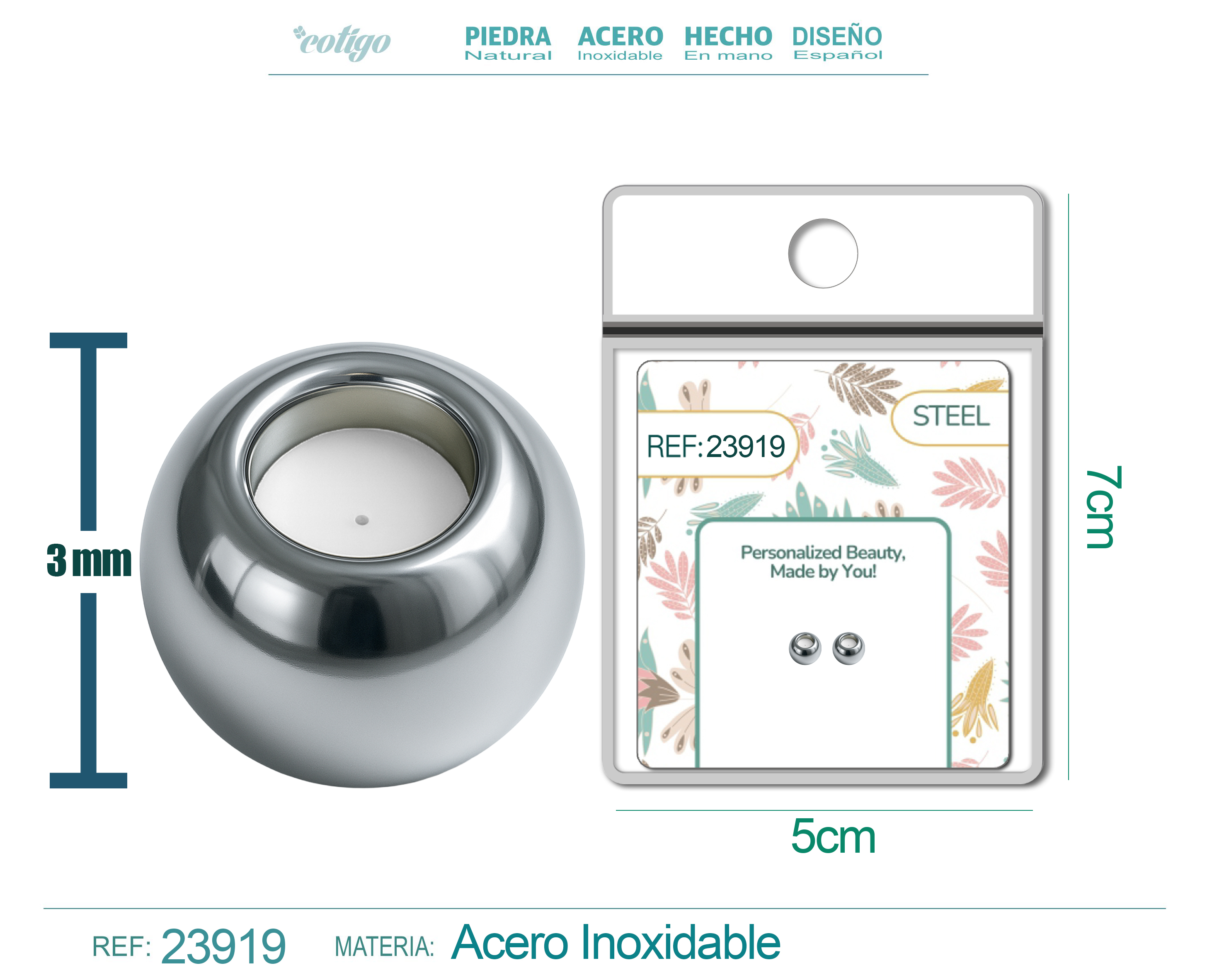 Bola 4mm Acero color Plateado con Goma para Fijar CHARM