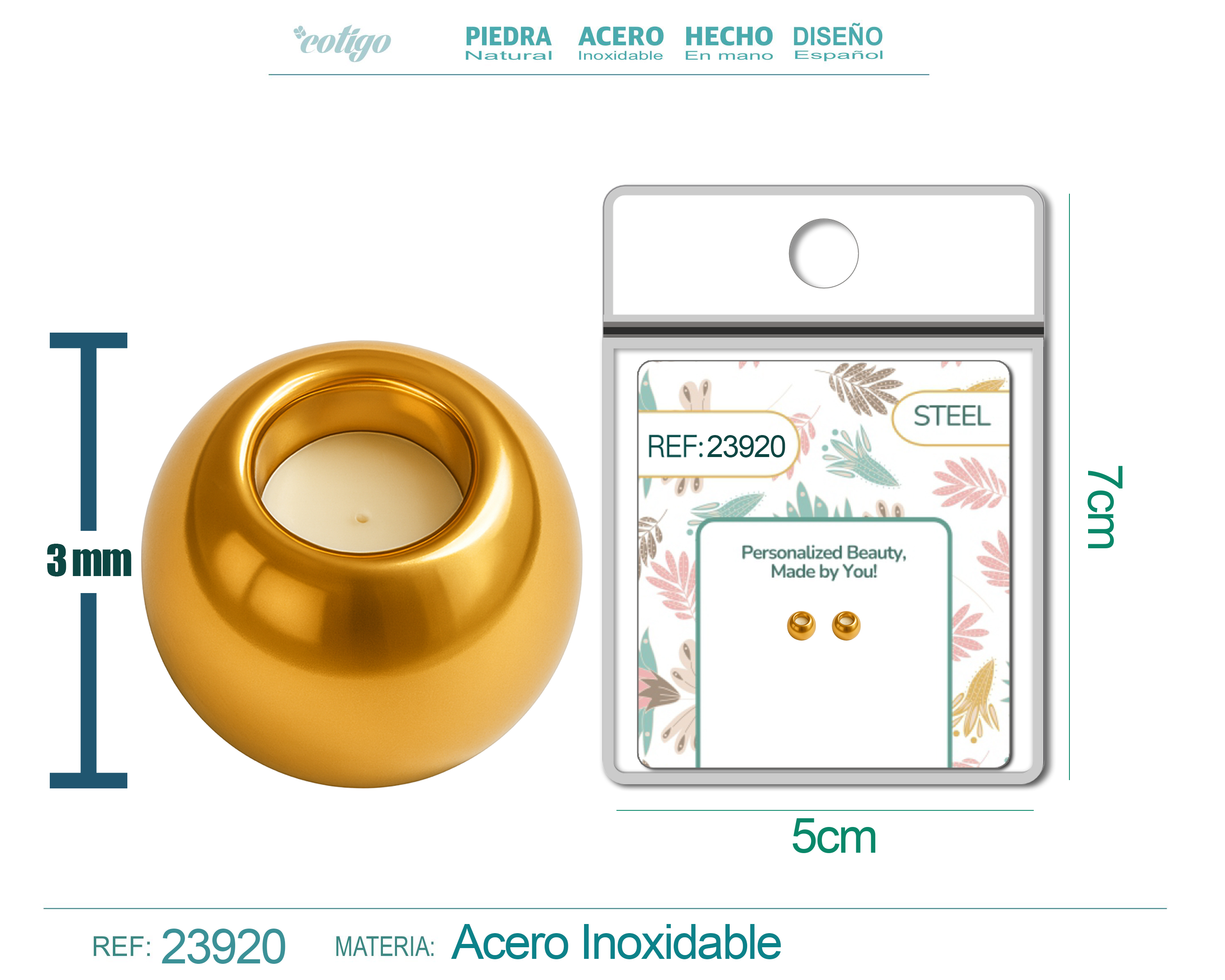 Bola 4mm Acero color Dorado con Goma para Fijar CHARM