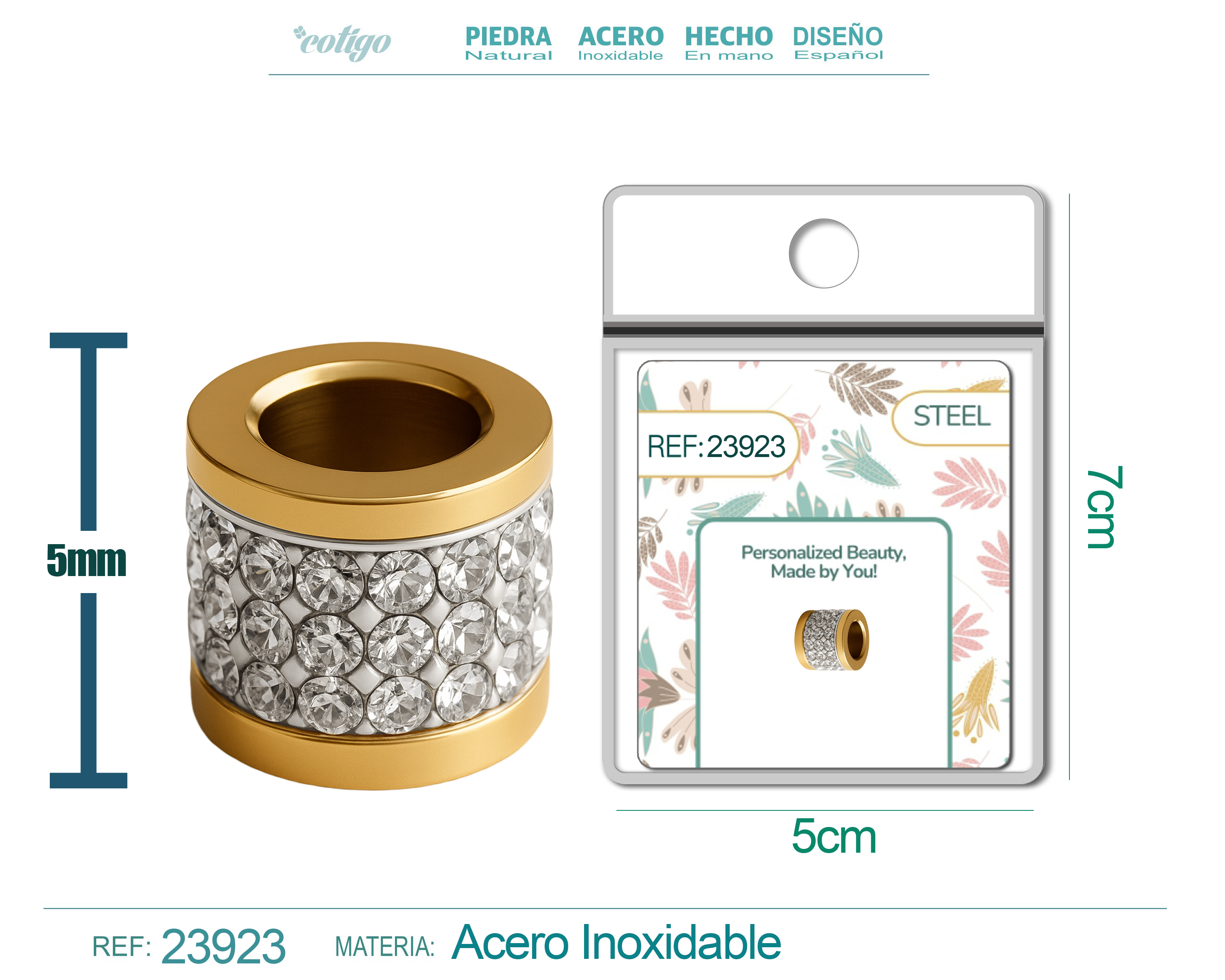 CHARM 6mm Acero Dorado con Agujero 3mm con Circonita para Cadena de Serpiente