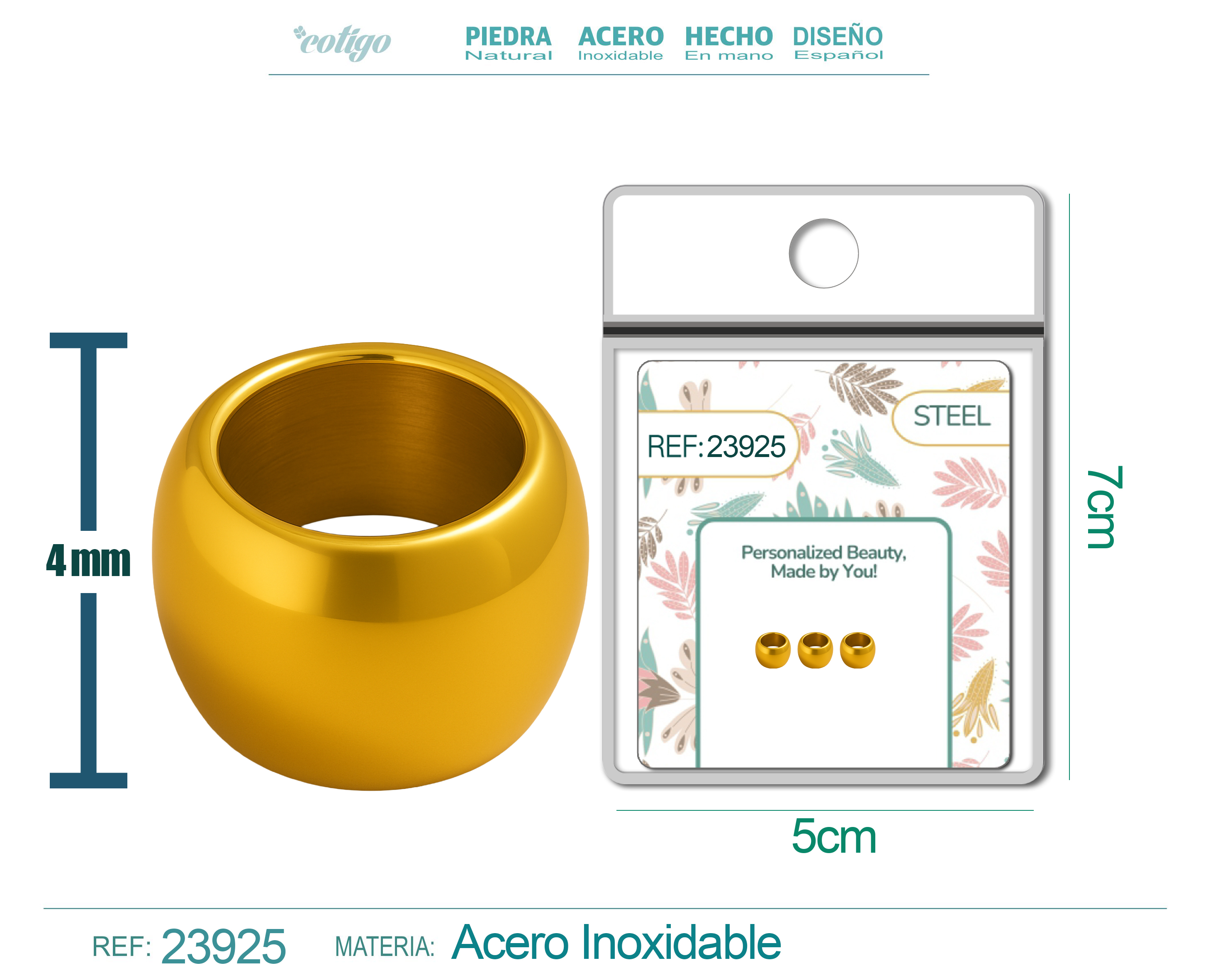 CHARM de Bola 6mm Acero Dorado con Agujero 3mm para Cadena de Serpiente