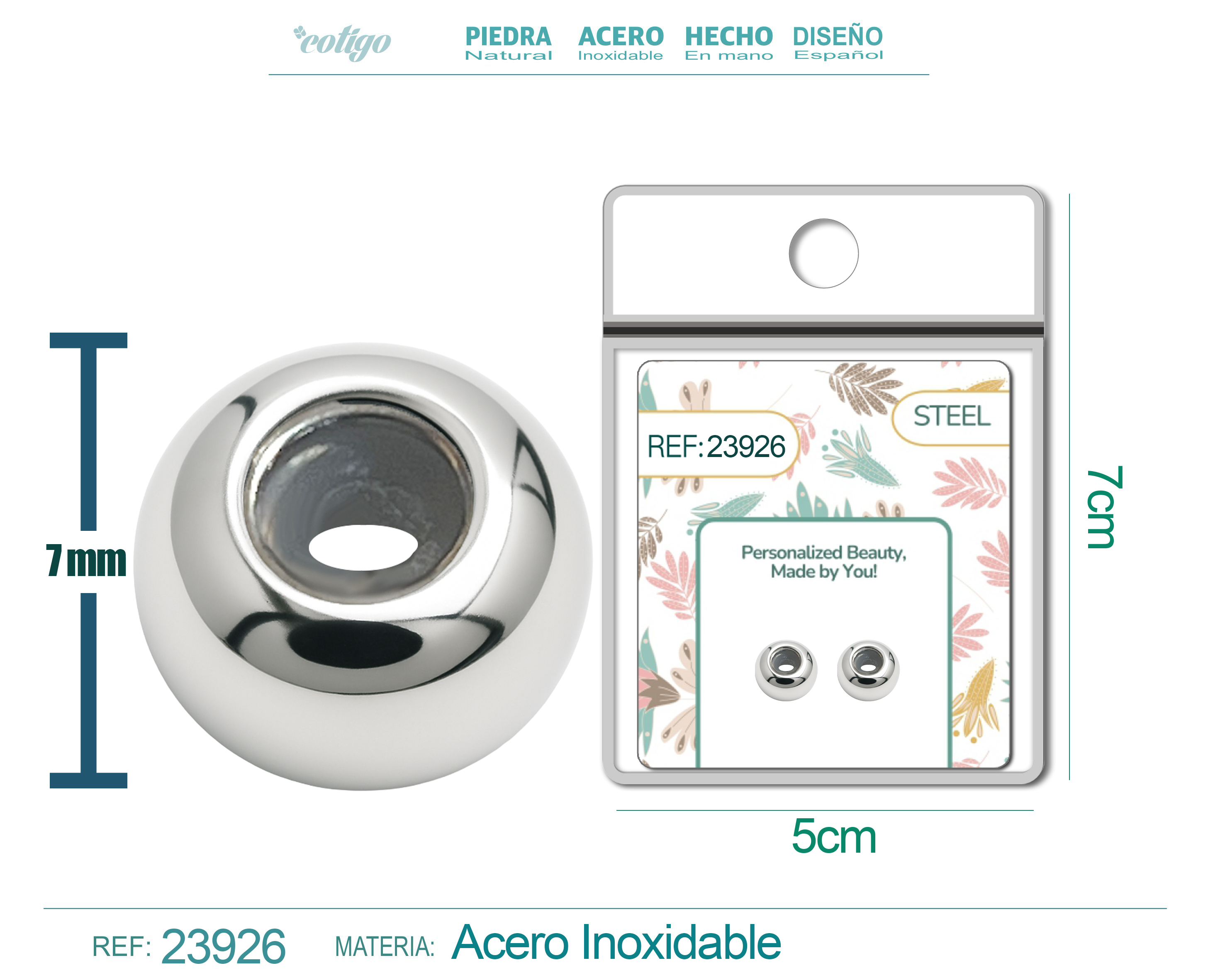 Bola plano 6mm Acero Plateado con Goma para Fijar CHARM en Cadena de Serpiente