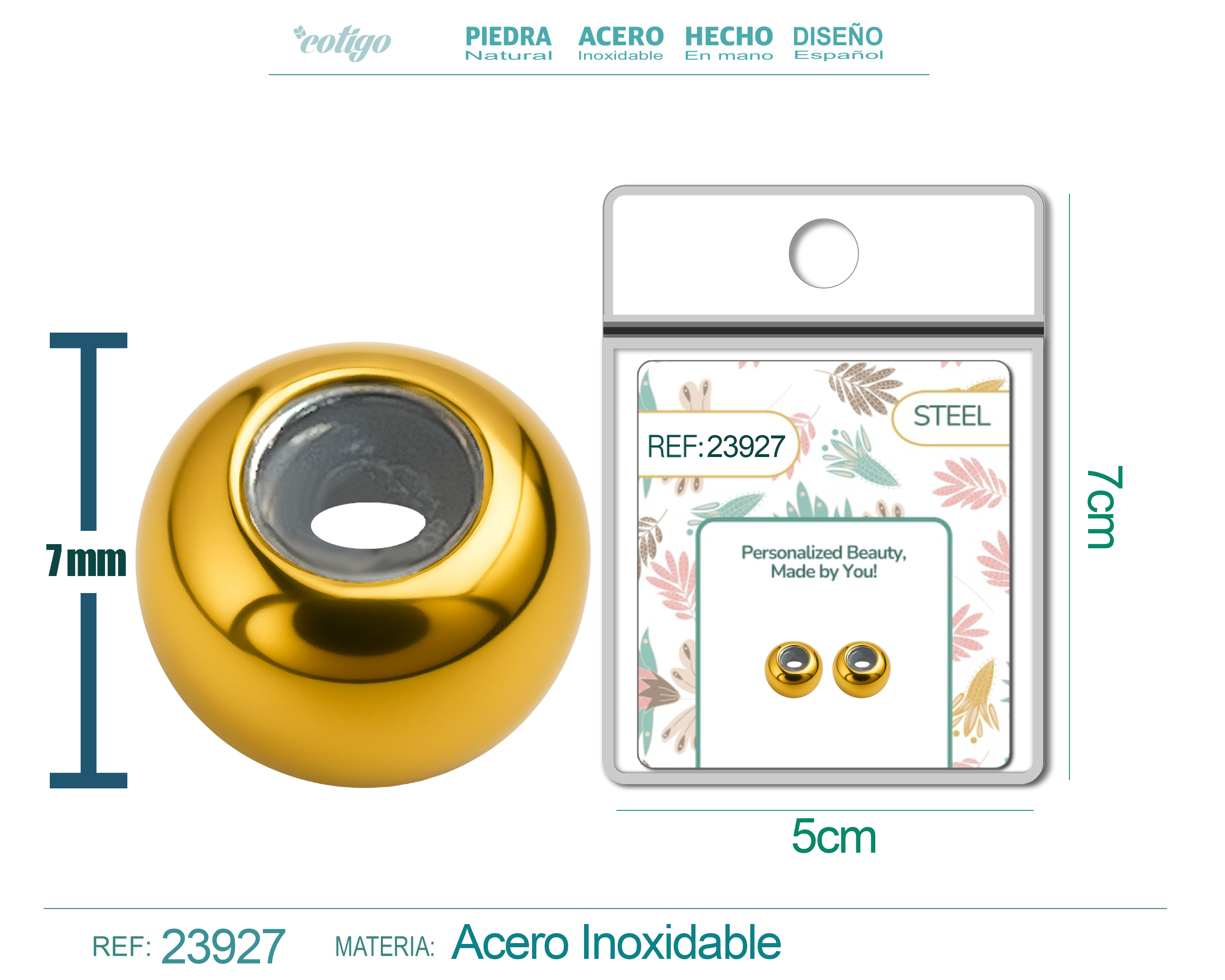 Bola plano 6mm Acero Dorado con Goma para Fijar CHARM en Cadena de Serpiente