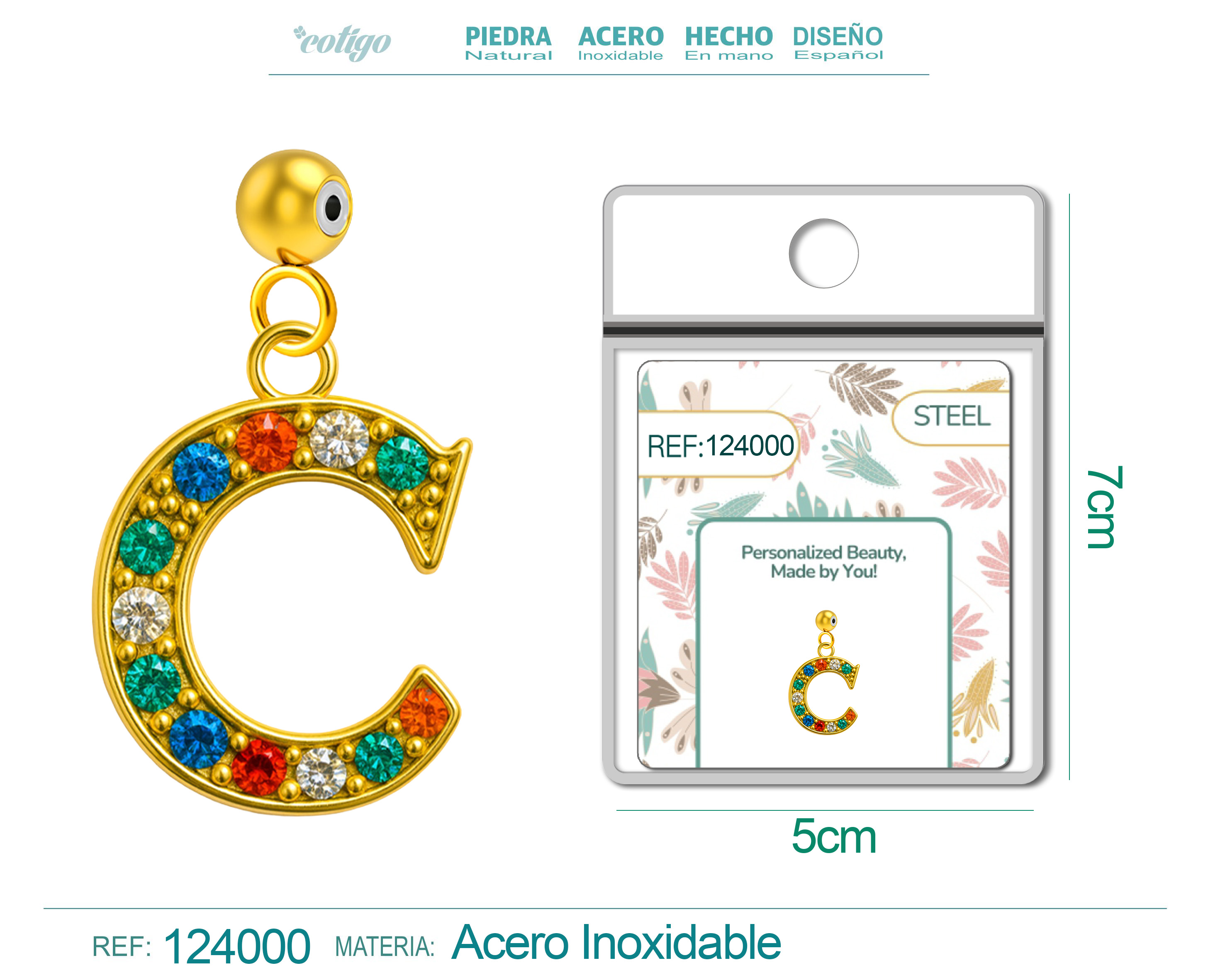 CHARM de Letra C Acero color Dorado con Circonita-con Bola de Goma
