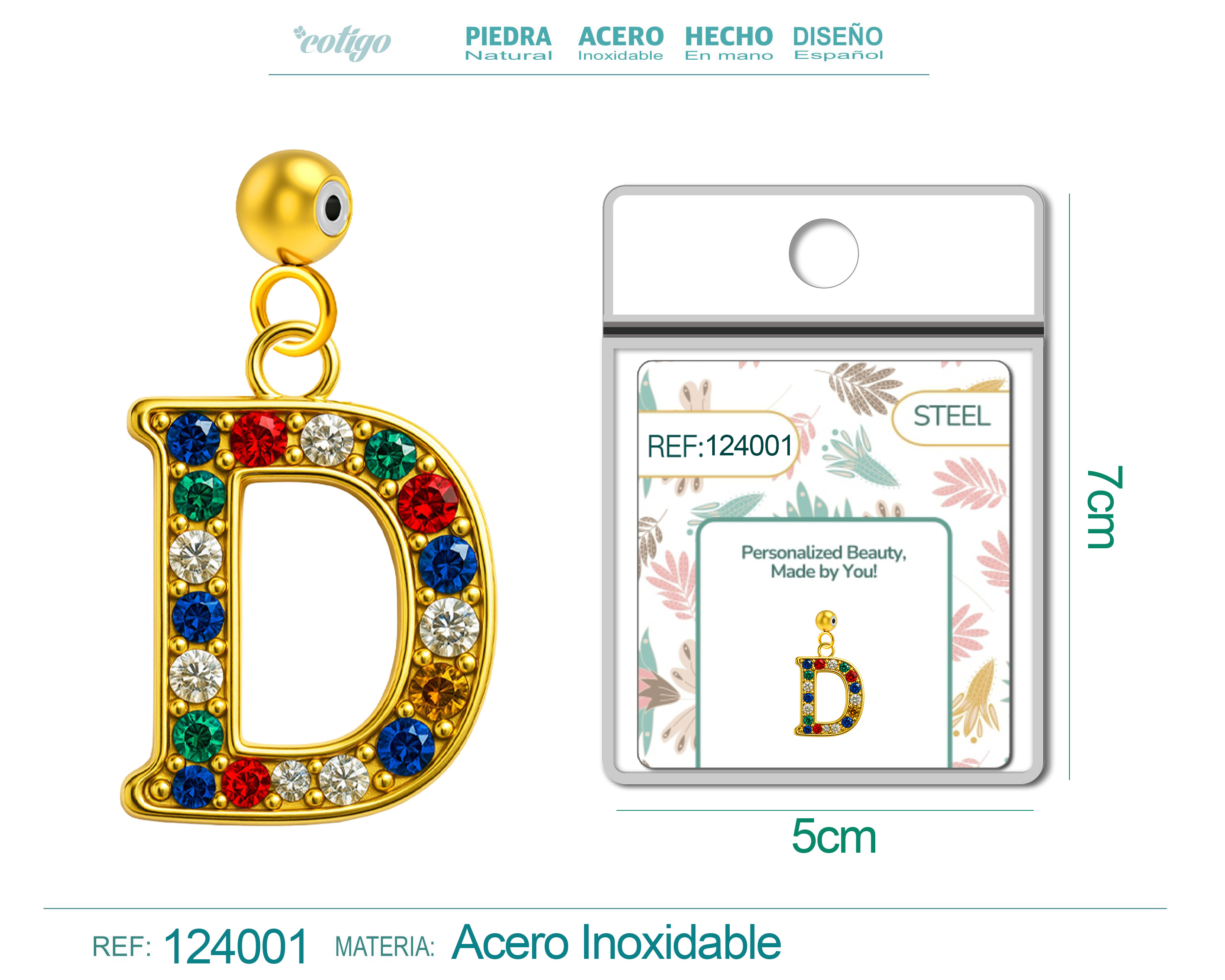 CHARM de Letra D Acero color Dorado con Circonita-con Bola de Goma
