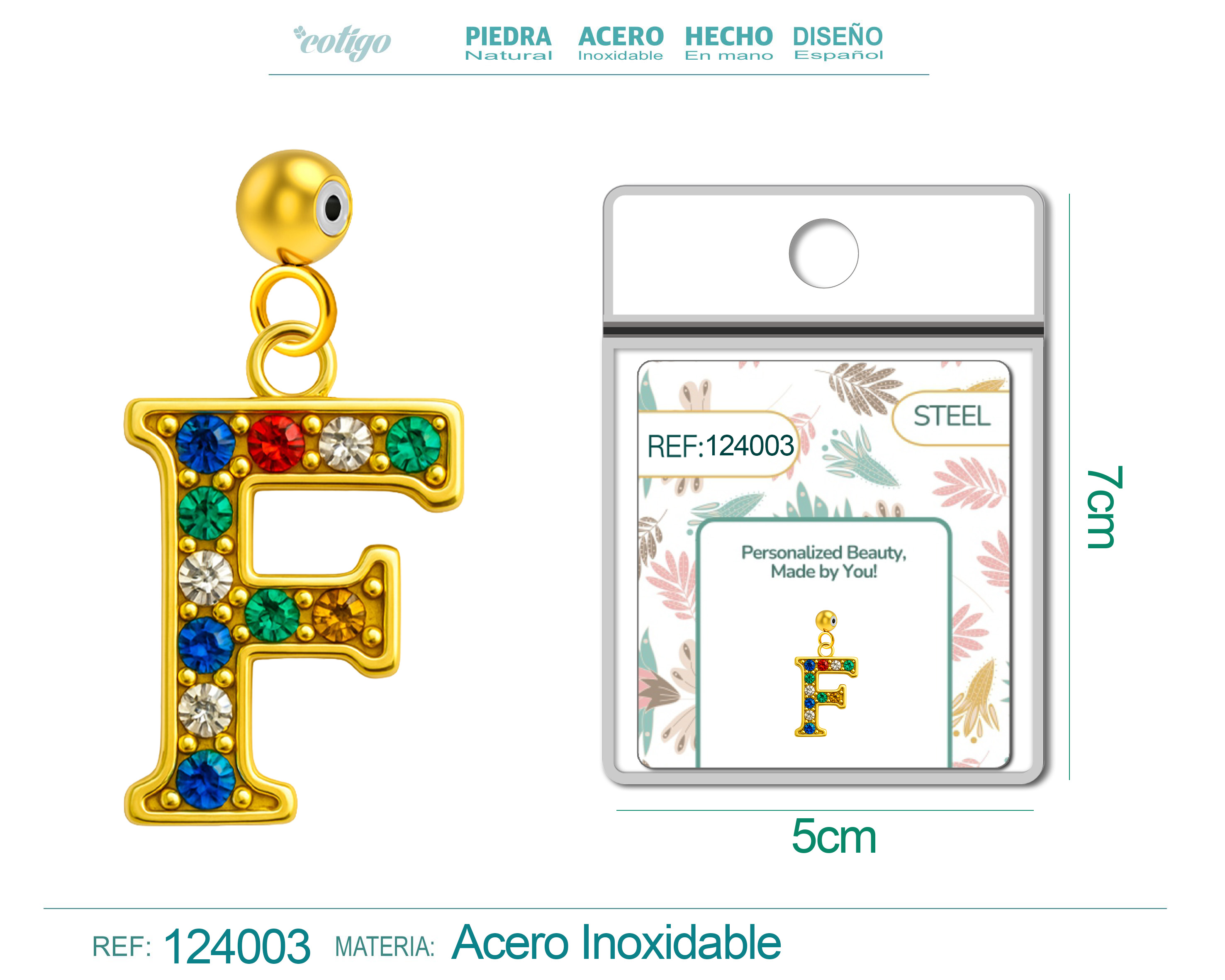 CHARM de Letra F Acero color Dorado con Circonita-con Bola de Goma