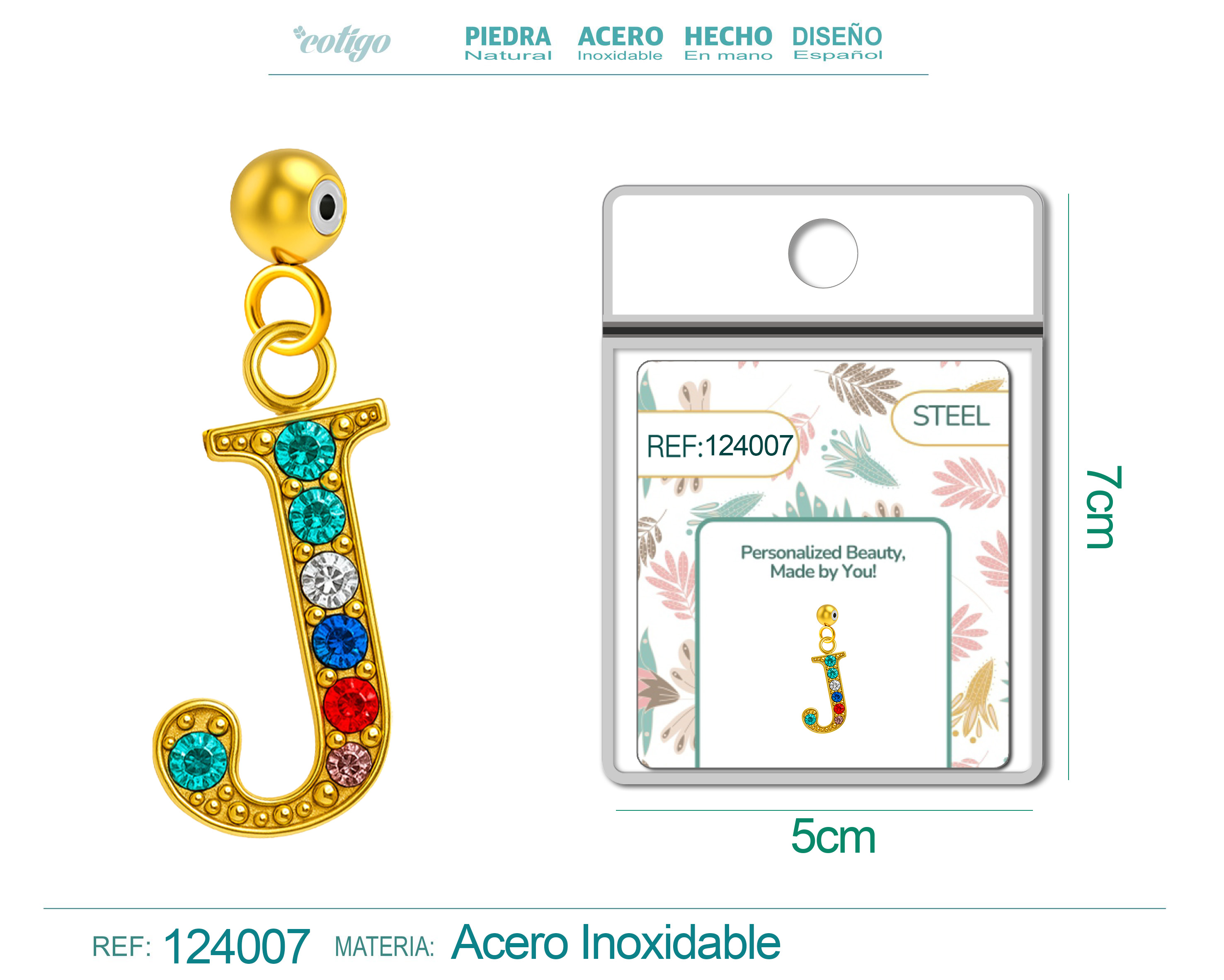 CHARM de Letra J Acero color Dorado con Circonita-con Bola de Goma