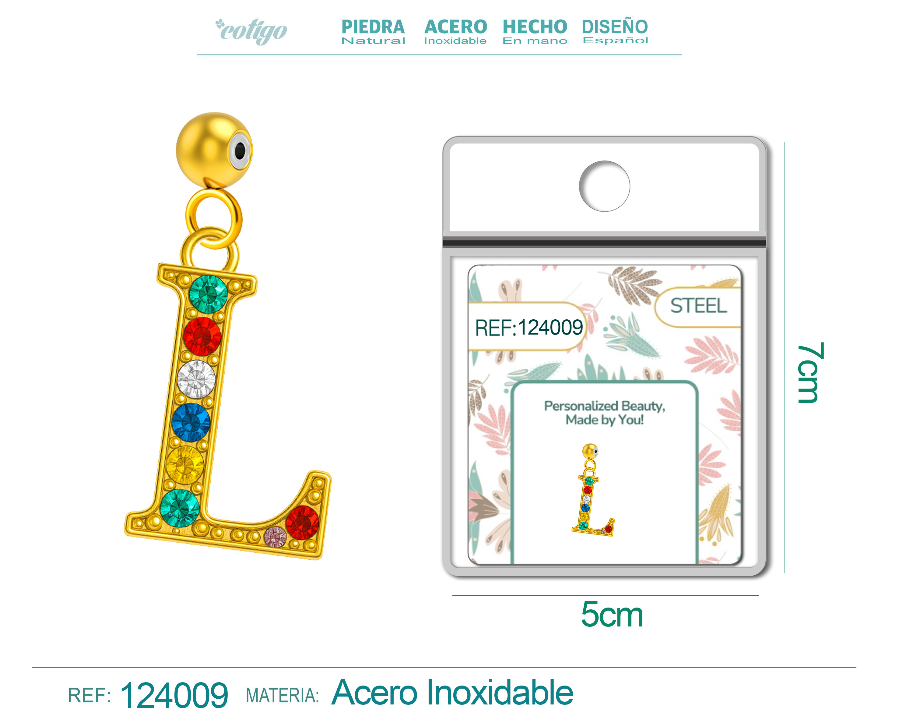CHARM de Letra L Acero color Dorado con Circonita-con Bola de Goma