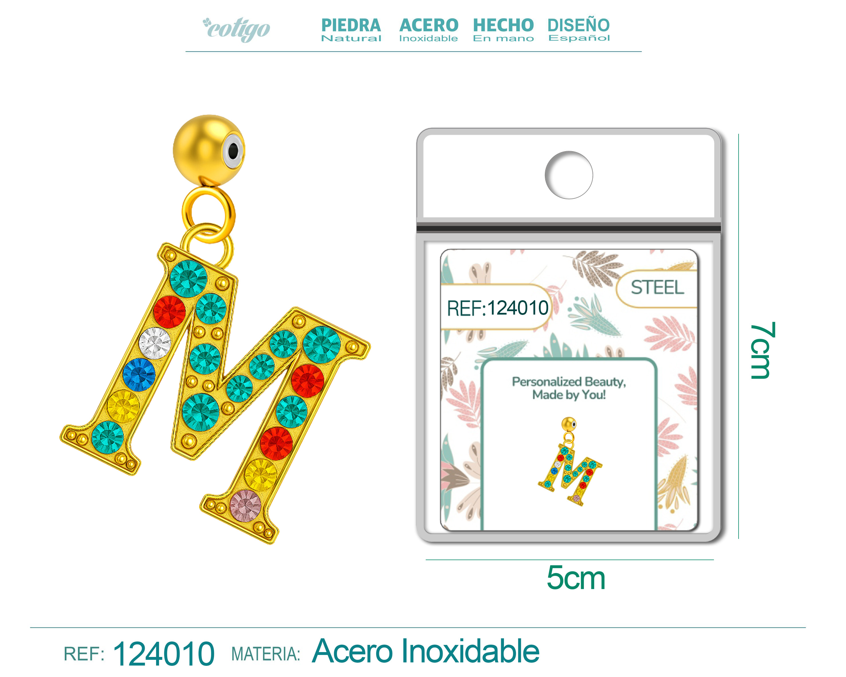 CHARM de Letra M Acero color Dorado con Circonita-con Bola de Goma