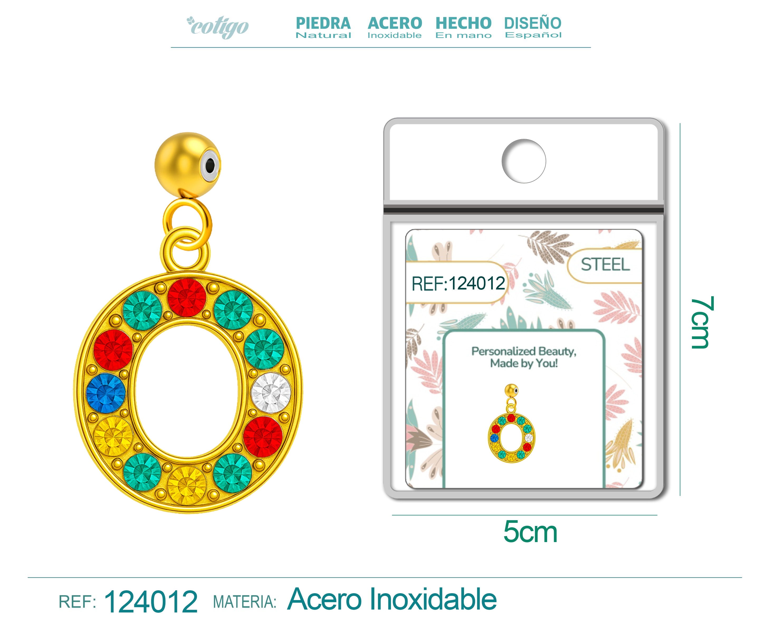 CHARM de Letra O Acero color Dorado con Circonita-con Bola de Goma