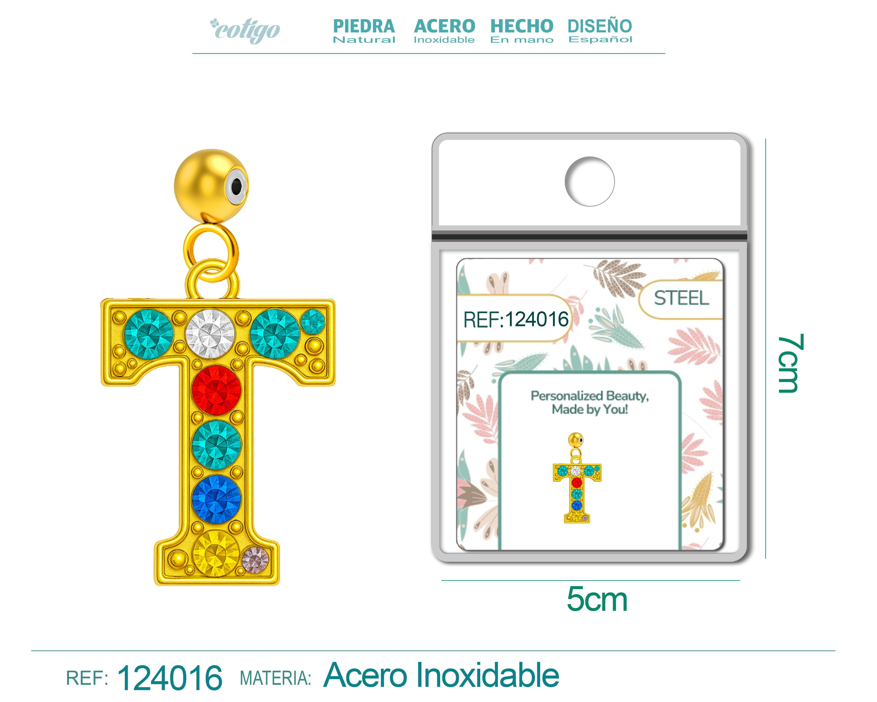 CHARM de Letra T Acero color Dorado con Circonita-con Bola de Goma
