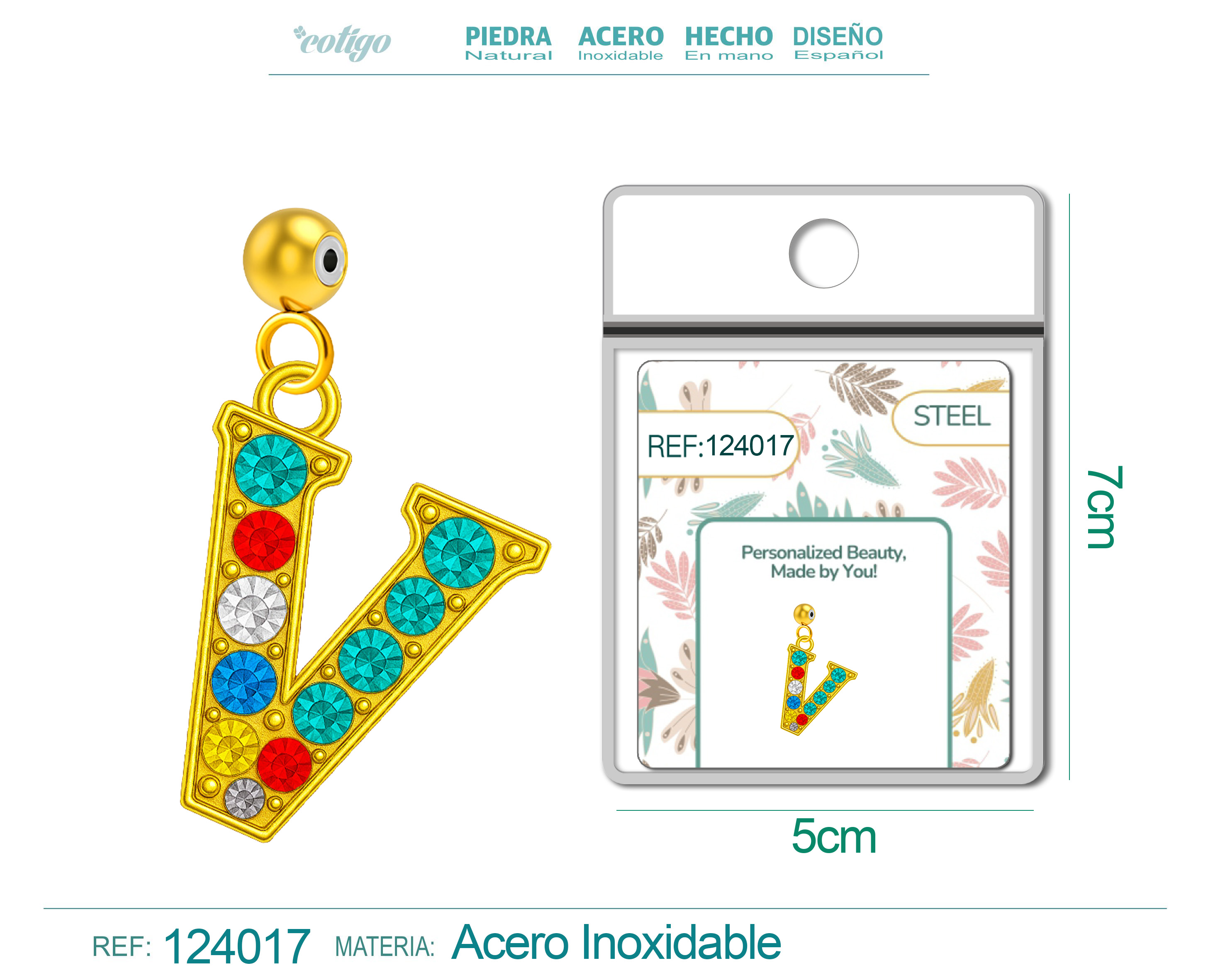 CHARM de Letra V Acero color Dorado con Circonita-con Bola de Goma