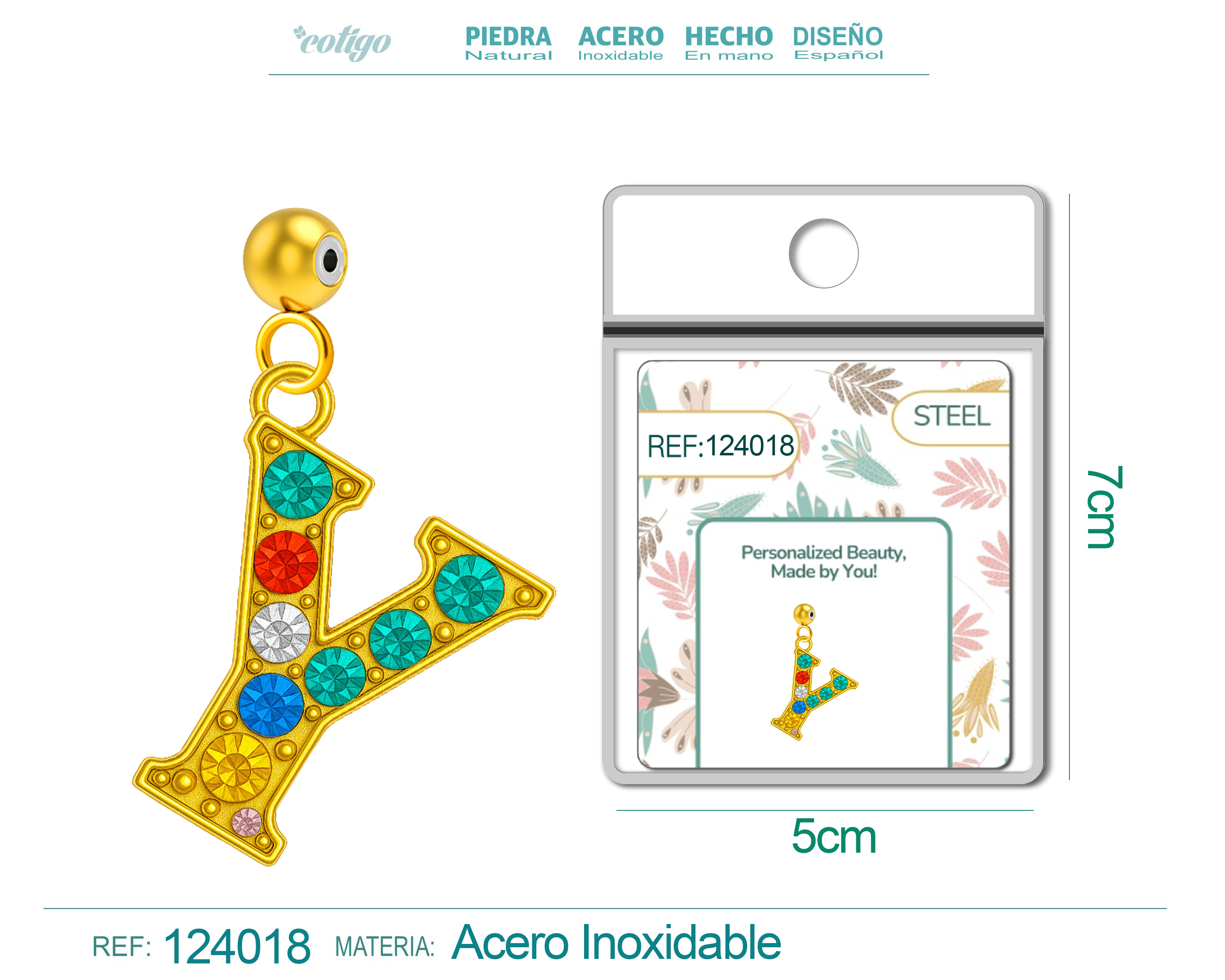 CHARM de Letra Y Acero color Dorado con Circonita-con Bola de Goma