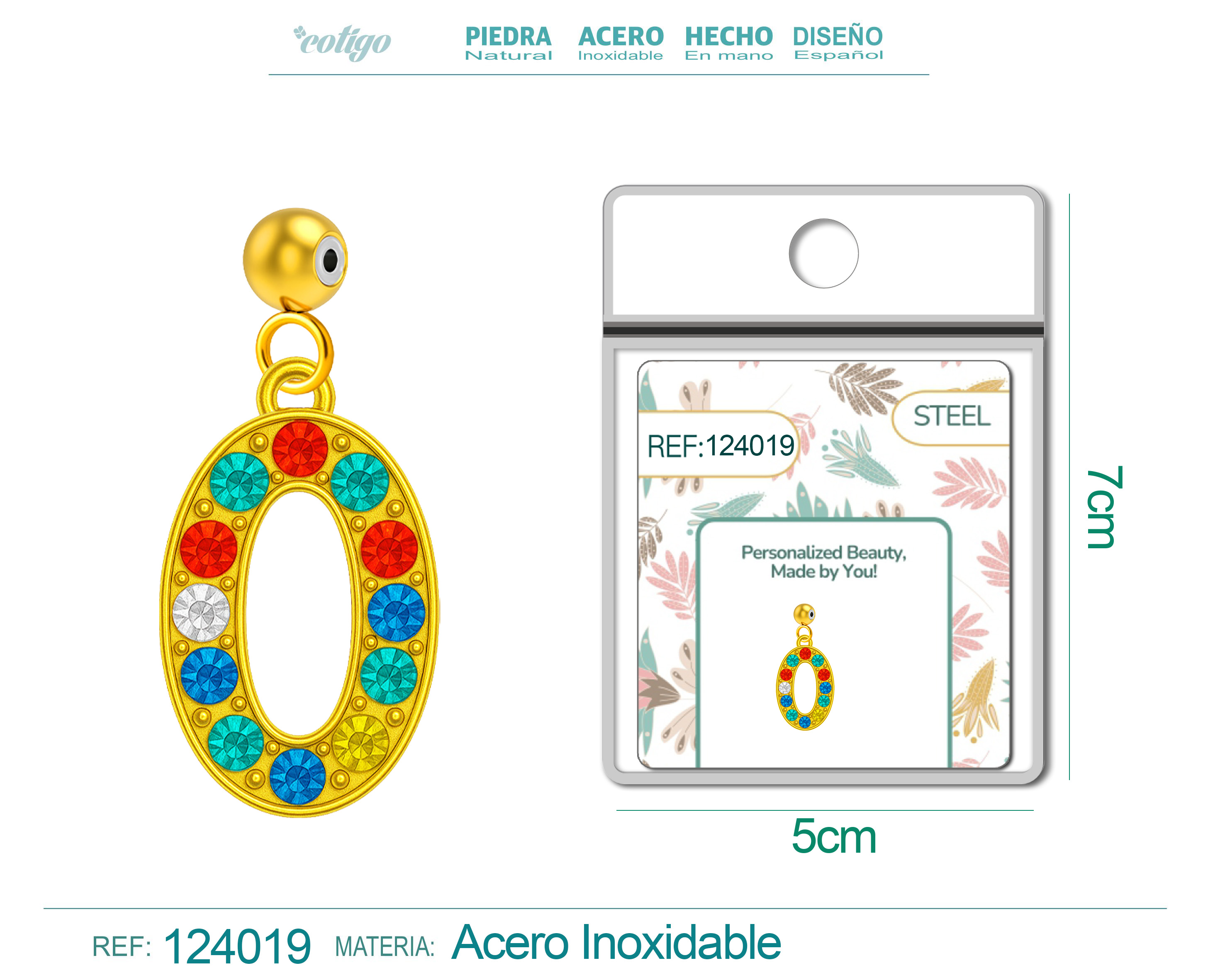 CHARM de Número 0 Acero color Dorado con Circonita-con Bola de Goma
