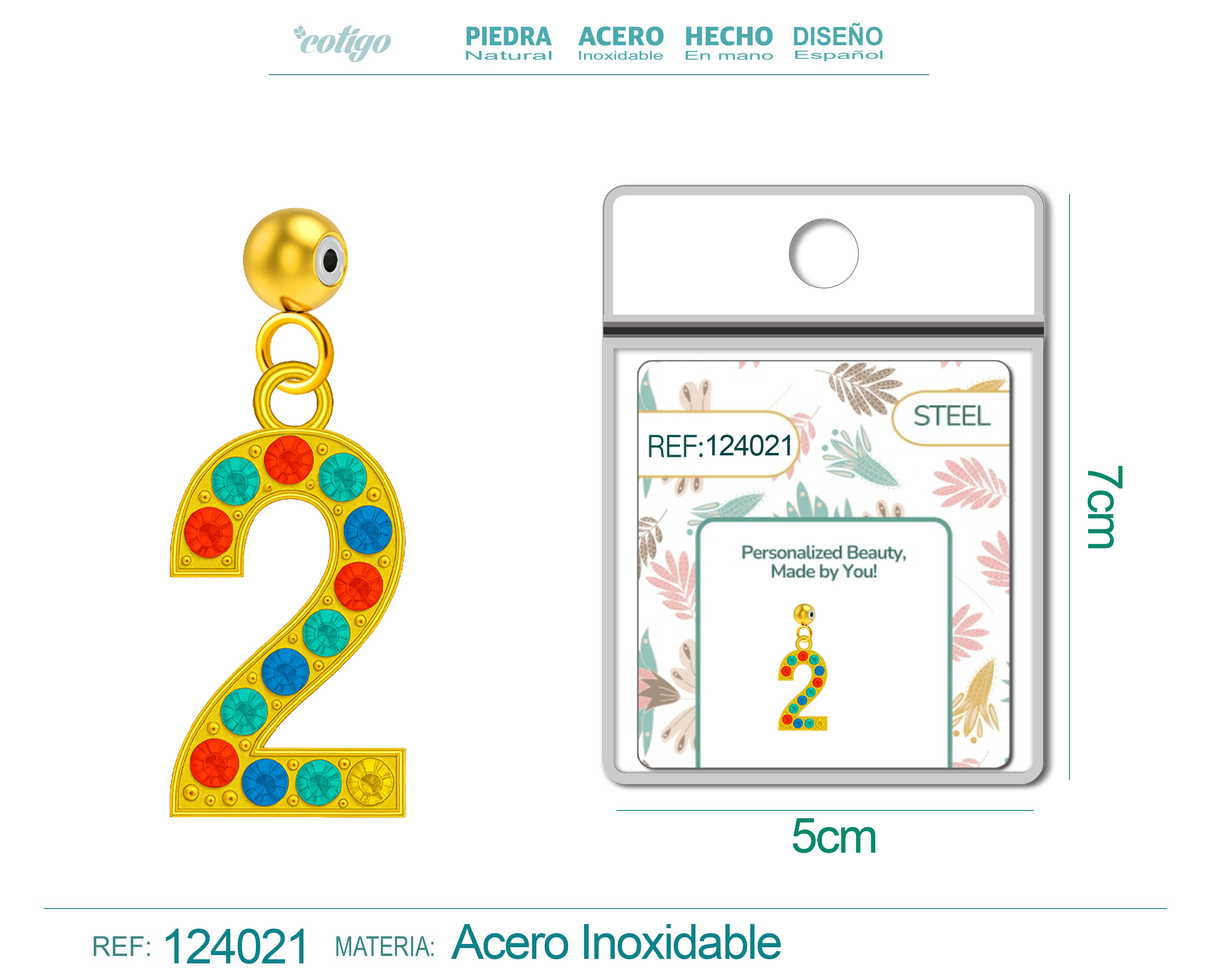 CHARM de Número 2 Acero color Dorado con Circonita-con Bola de Goma