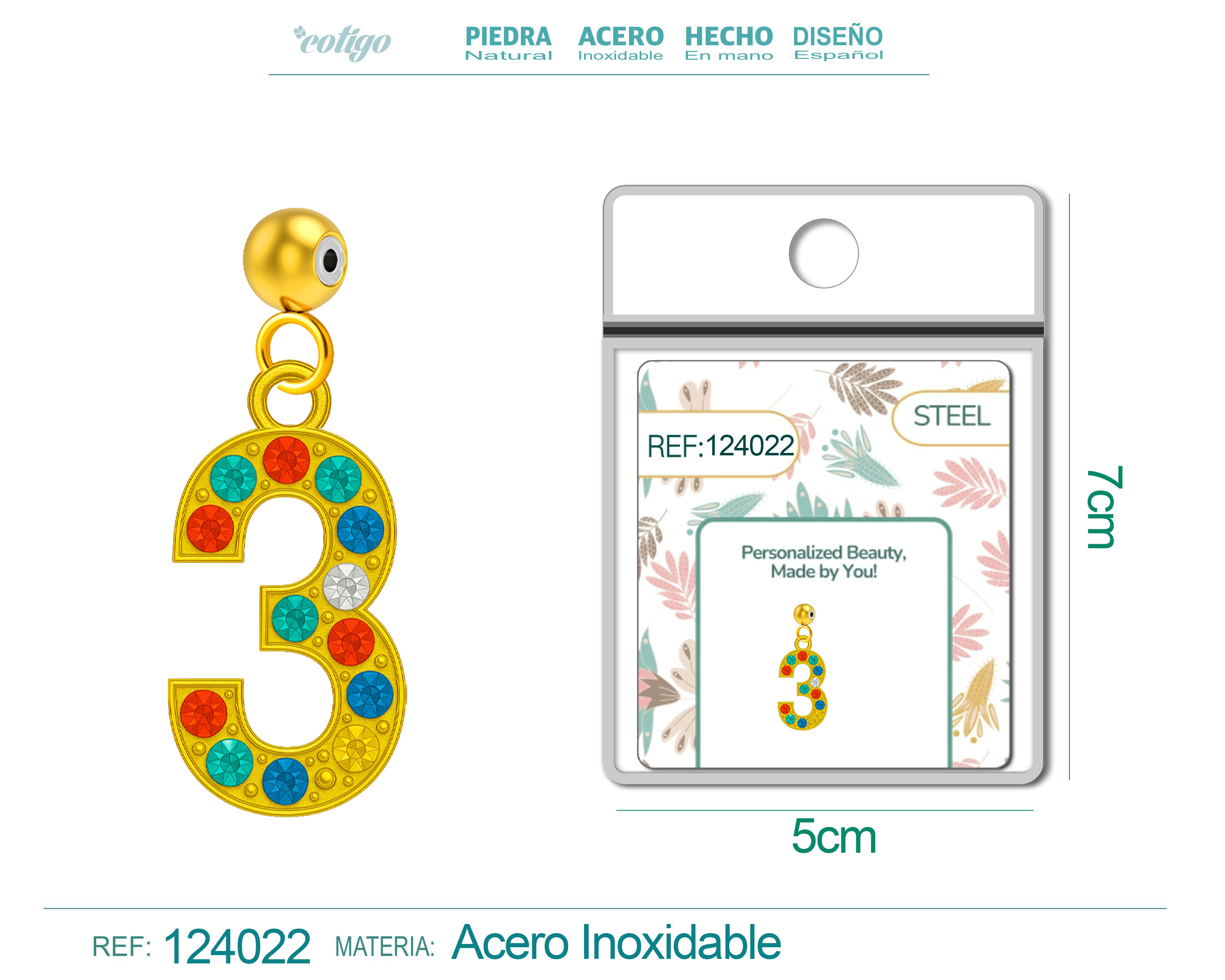 CHARM de Número 3 Acero color Dorado con Circonita-con Bola de Goma