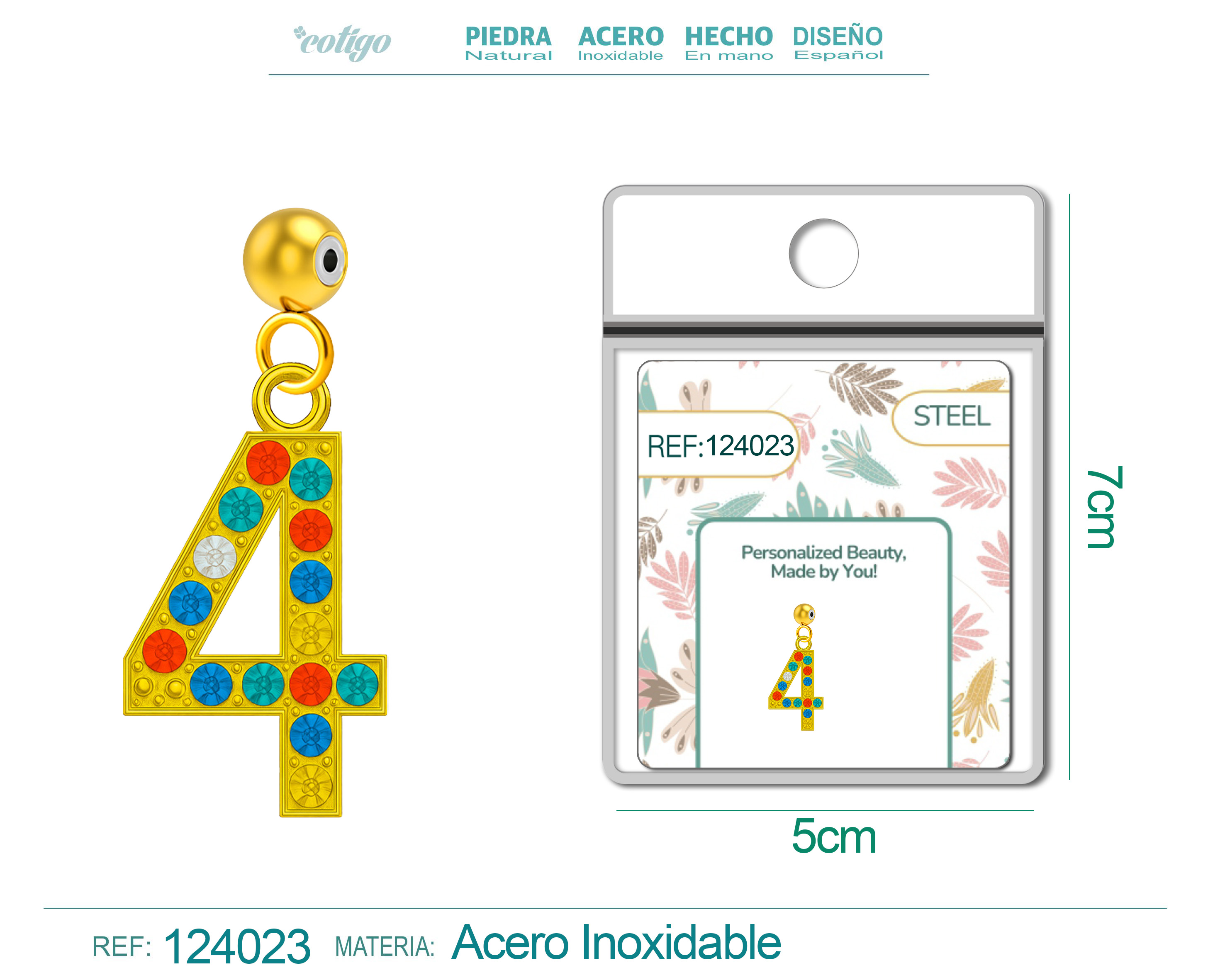 CHARM de Número 4 Acero color Dorado con Circonita-con Bola de Goma
