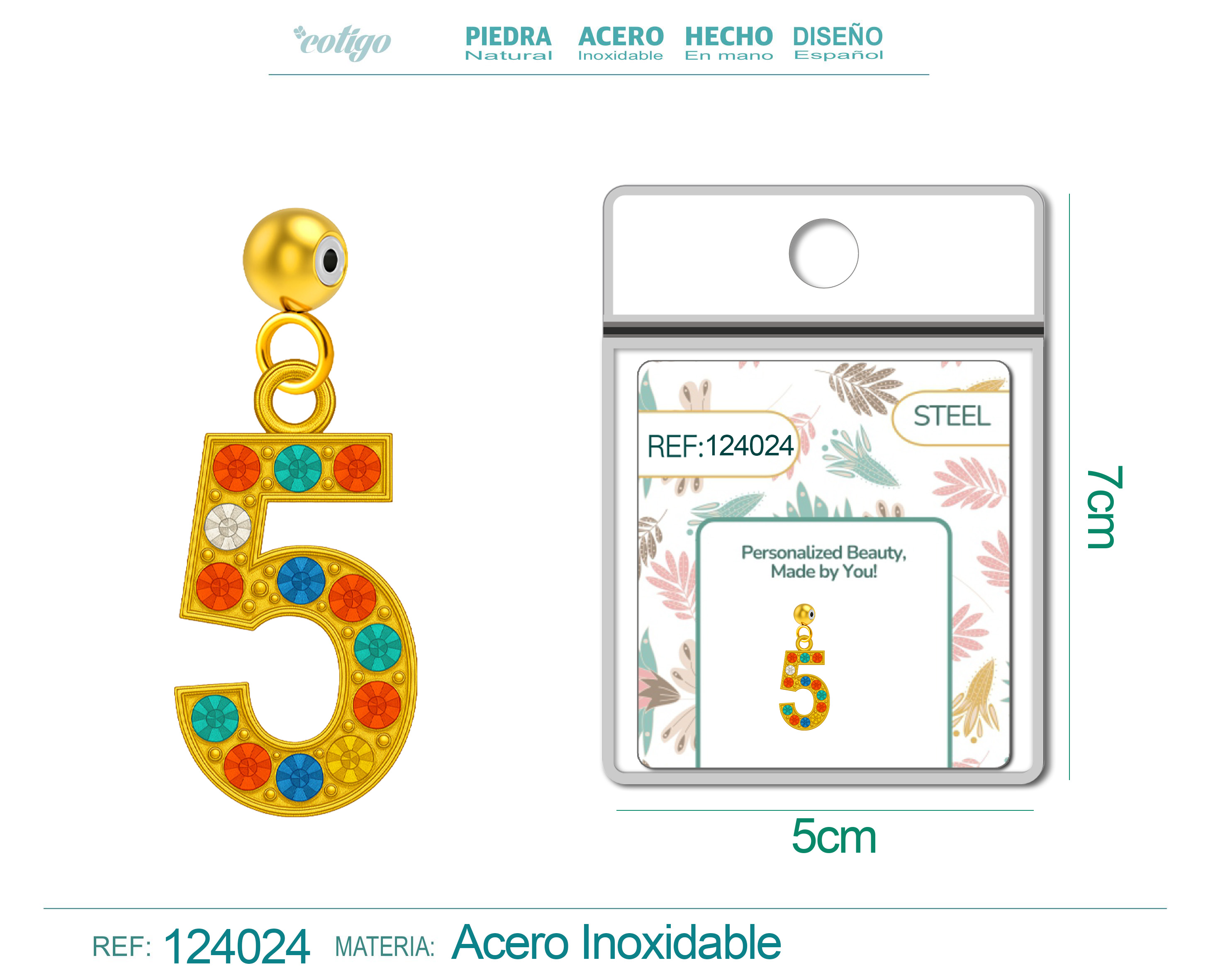 CHARM de Número 5 Acero color Dorado con Circonita-con Bola de Goma