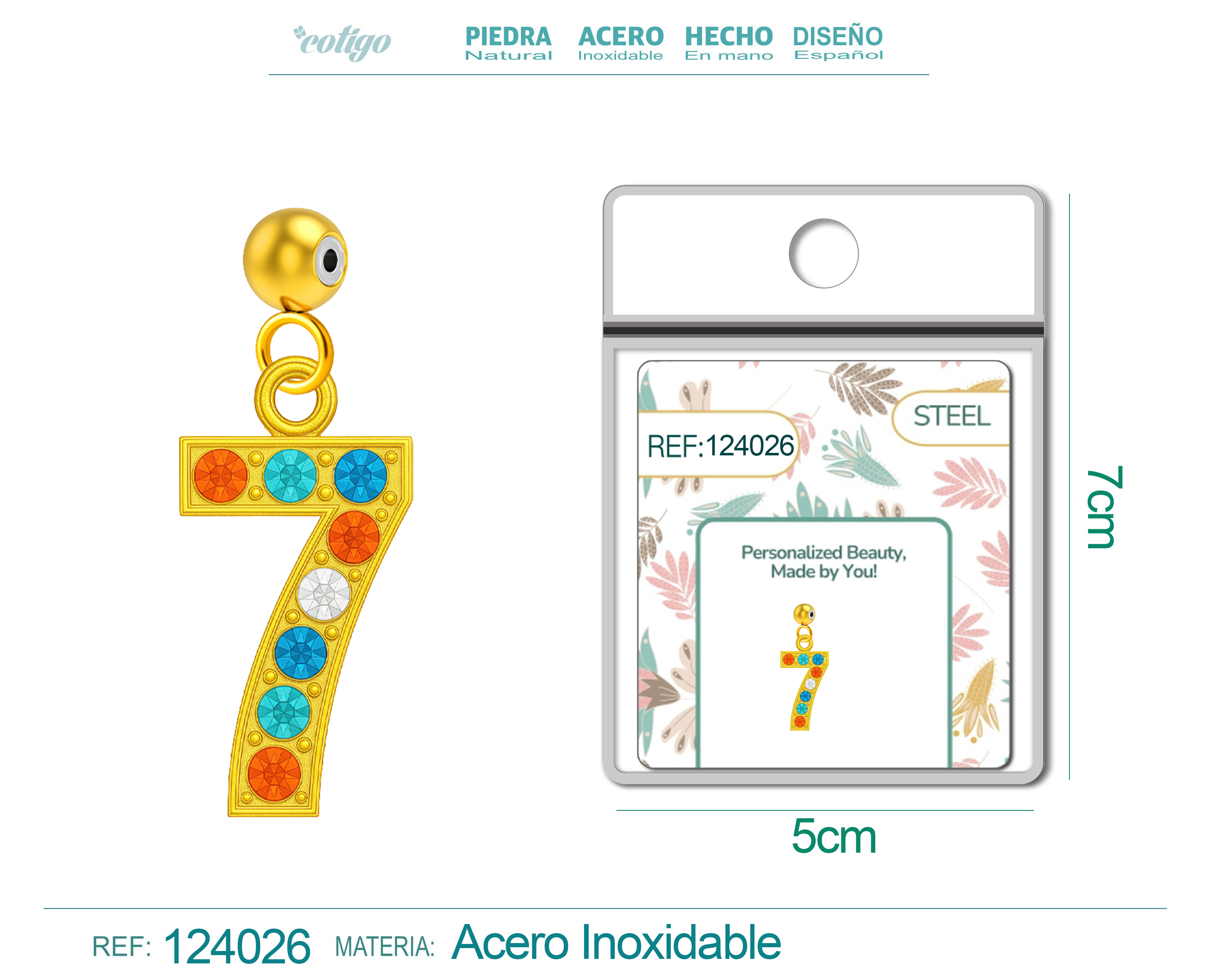 CHARM de Número 7 Acero color Dorado con Circonita-con Bola de Goma