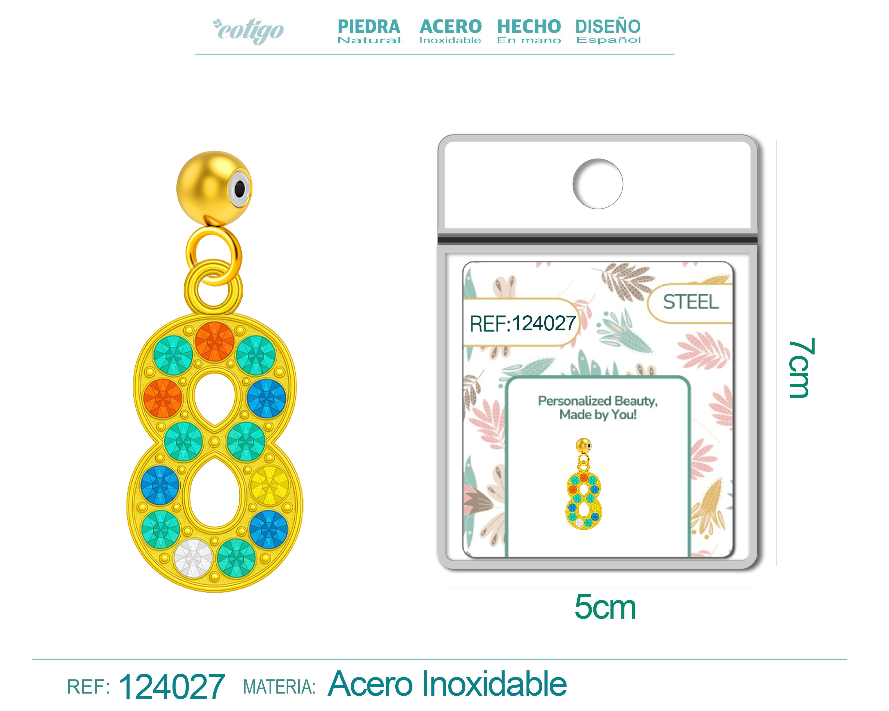 CHARM de Número 8 Acero color Dorado con Circonita-con Bola de Goma