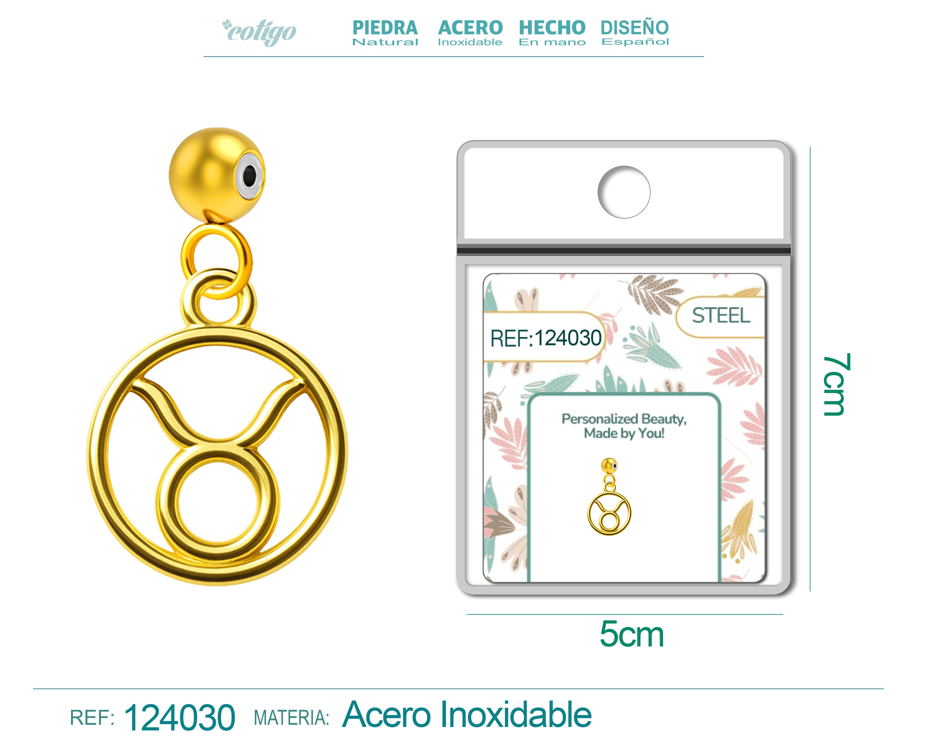 CHARM de Zodíaco Touro Acero color Dorado-con Bola de Goma