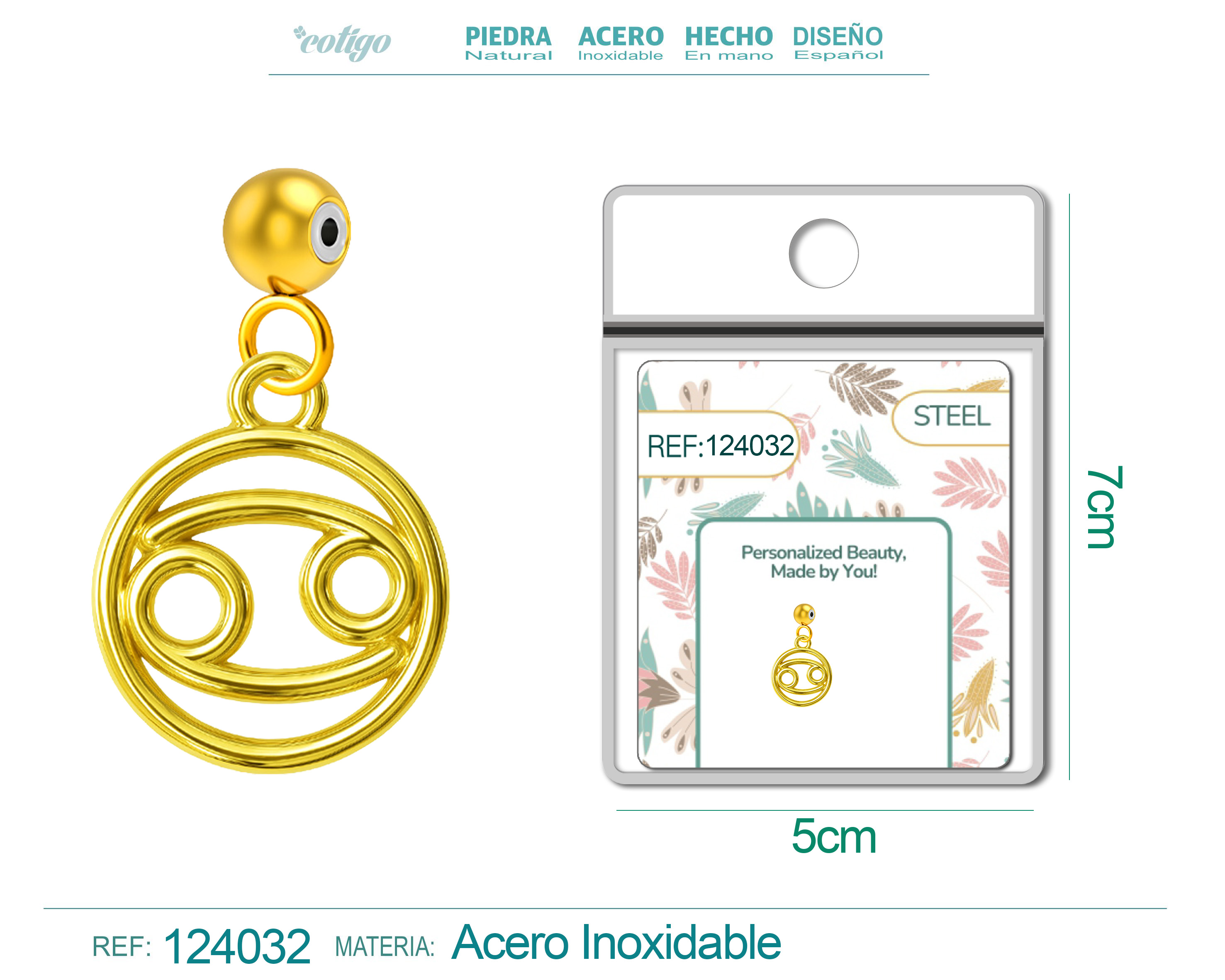 CHARM de Zodíaco Câncer Acero color Dorado-con Bola de Goma