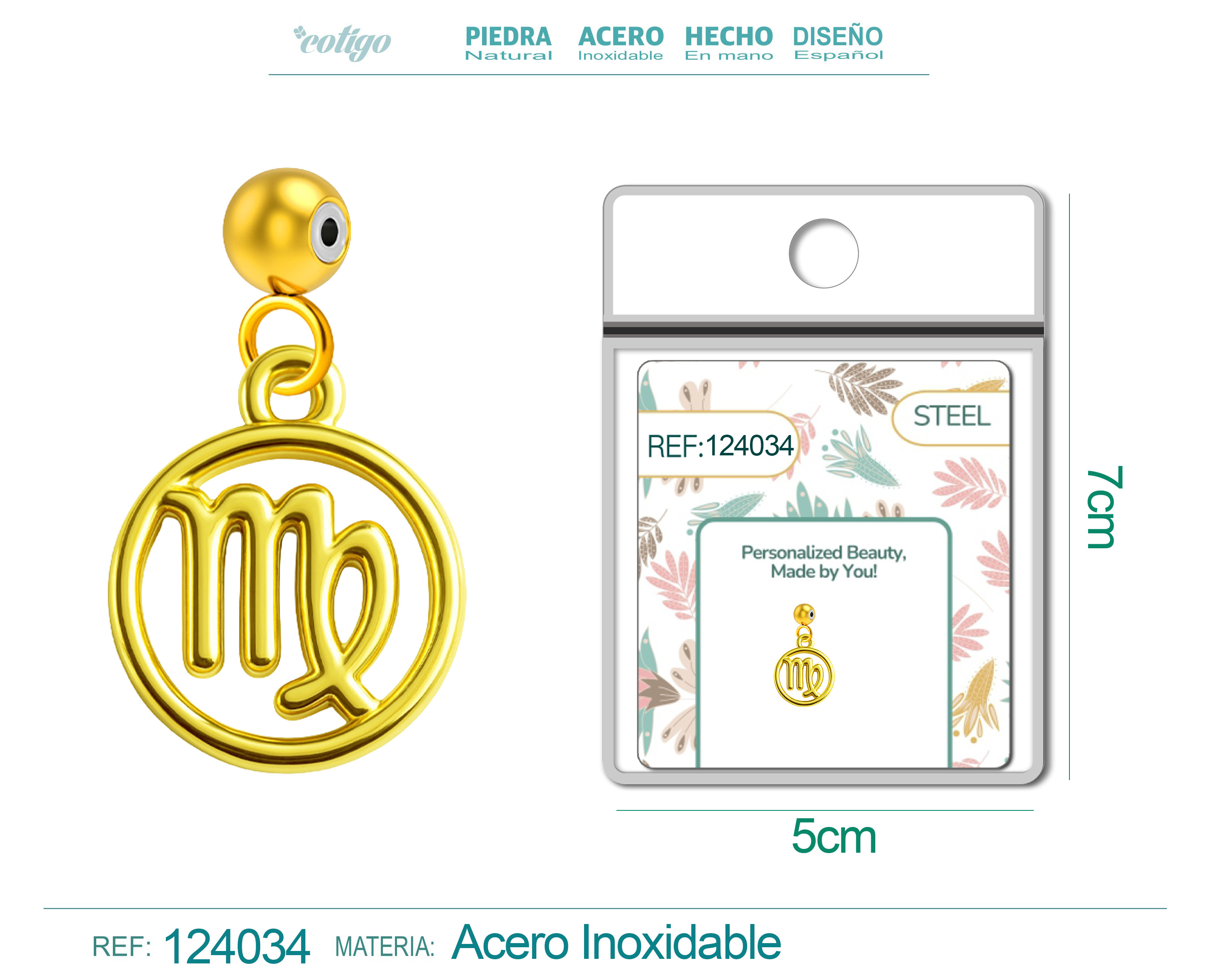 CHARM de Zodíaco Virgem Acero color Dorado-con Bola de Goma