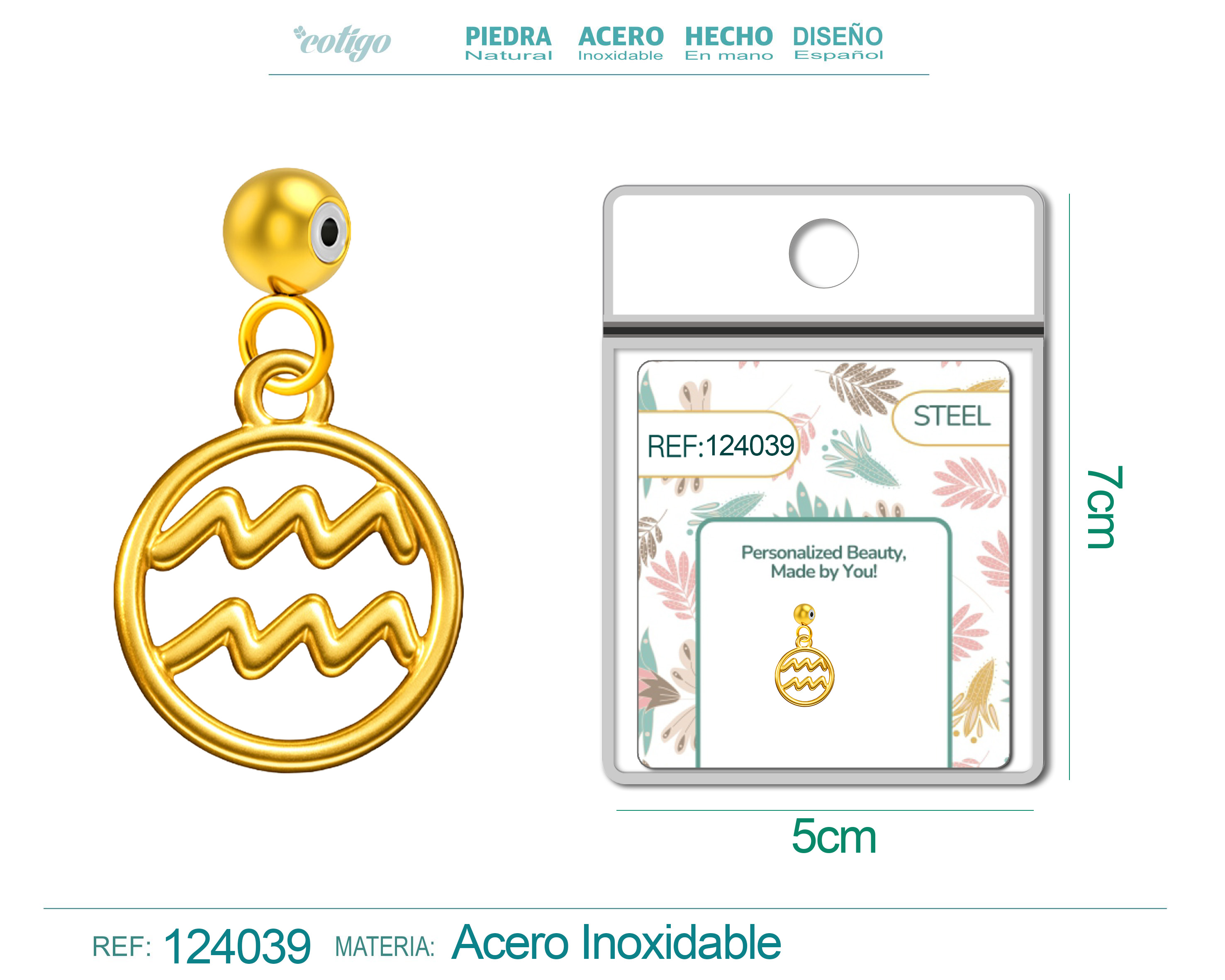 CHARM de Zodíaco Aquário Acero color Dorado-con Bola de Goma