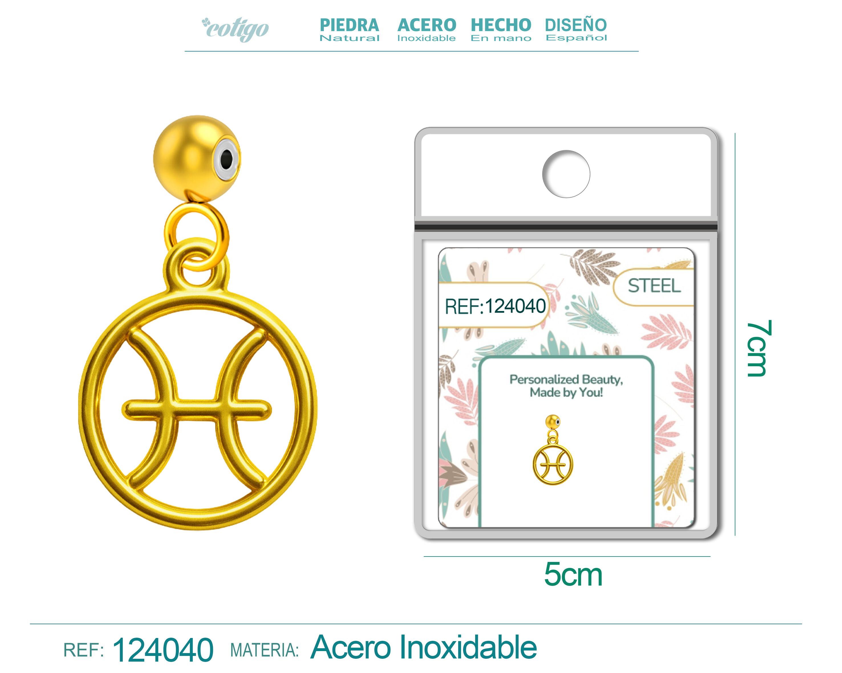 CHARM de Zodíaco Peixes Acero color Dorado-con Bola de Goma