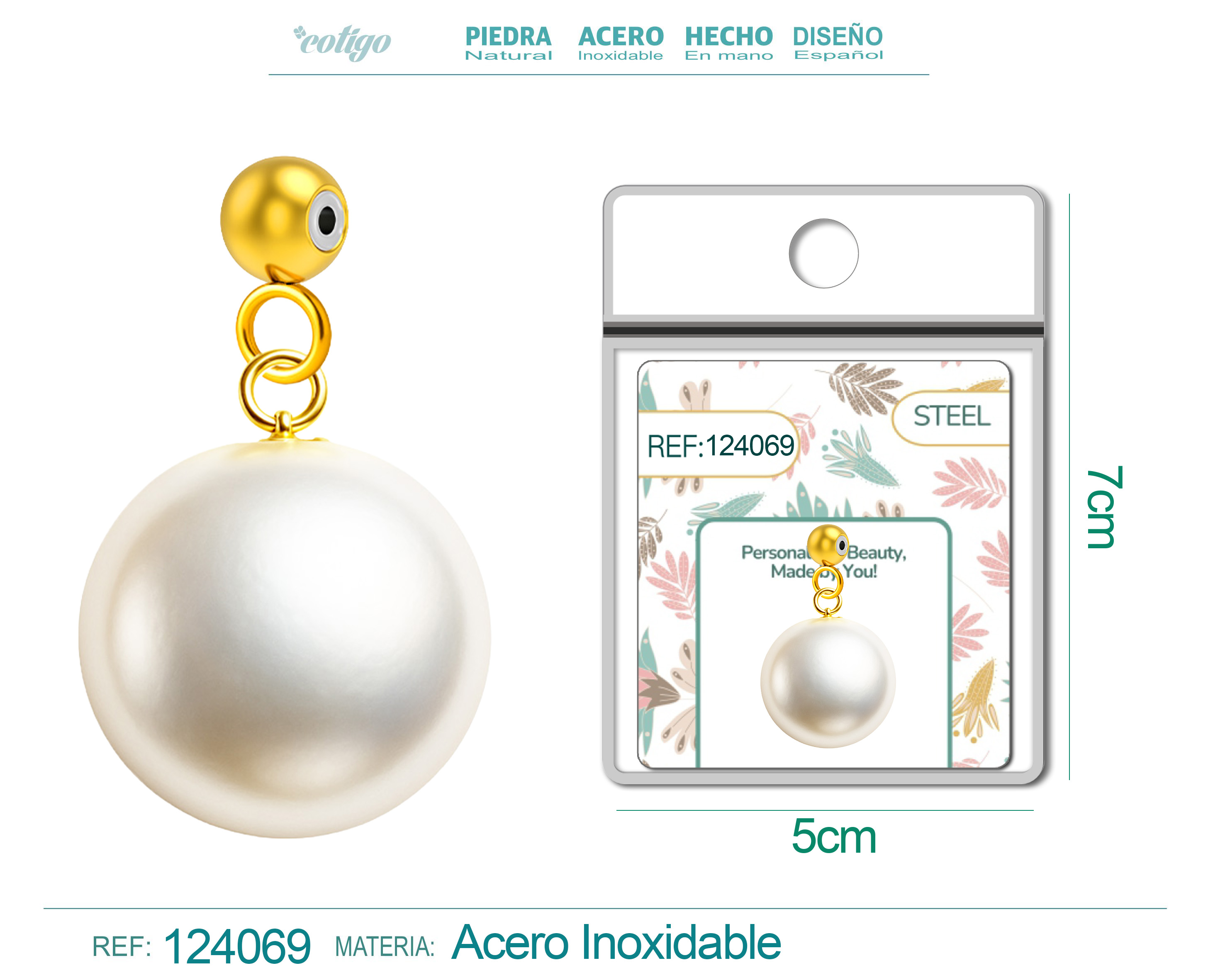 CHARM Acero Dorado Chapado Oro 14 K-con Bola de Goma