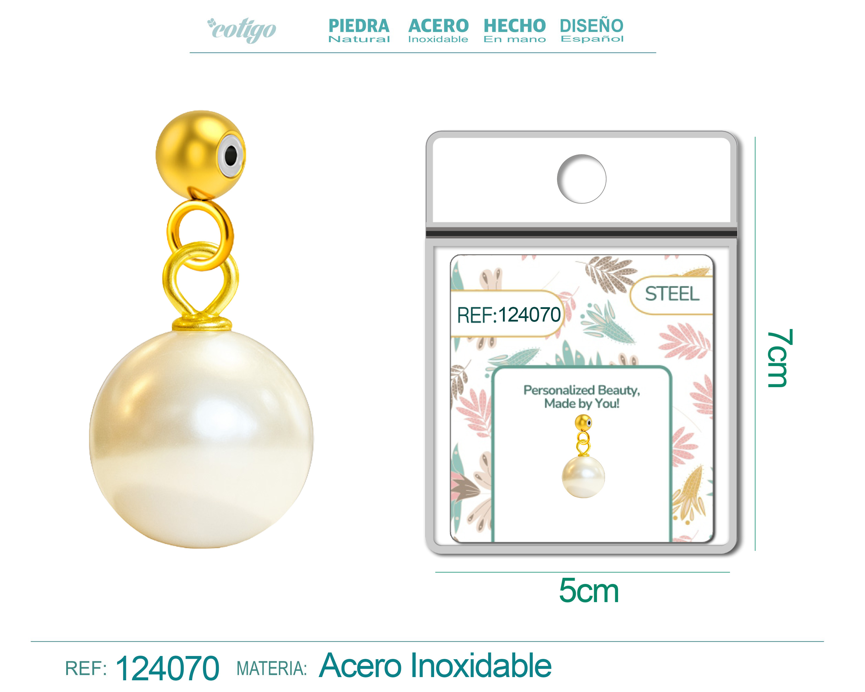 CHARM Acero Dorado Chapado Oro 14 K-con Bola de Goma