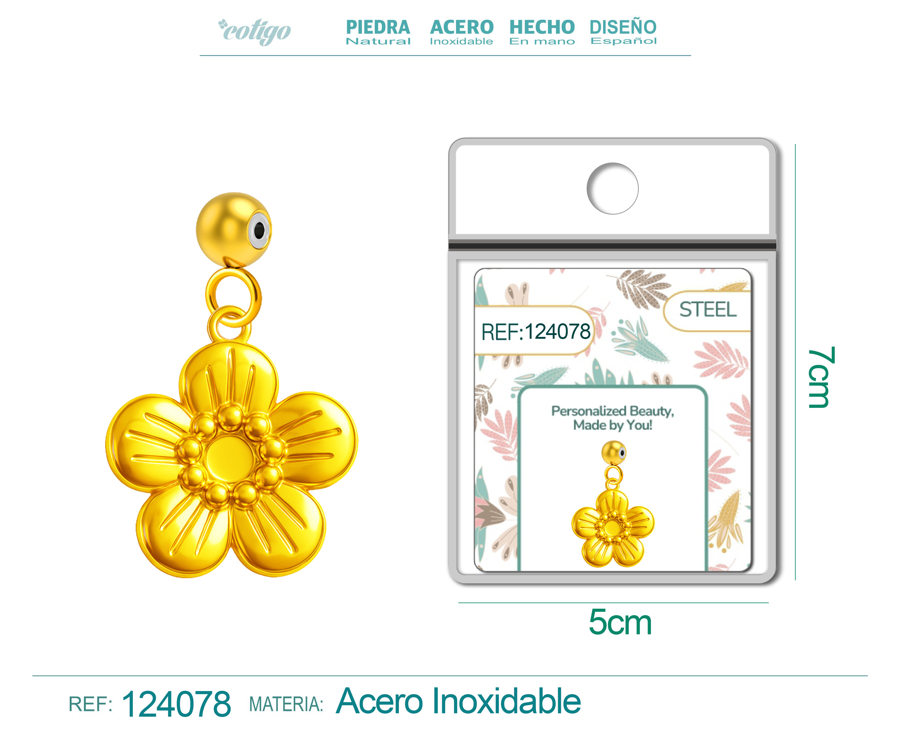 CHARM Acero Dorado Chapado Oro 14 K-con Bola de Goma