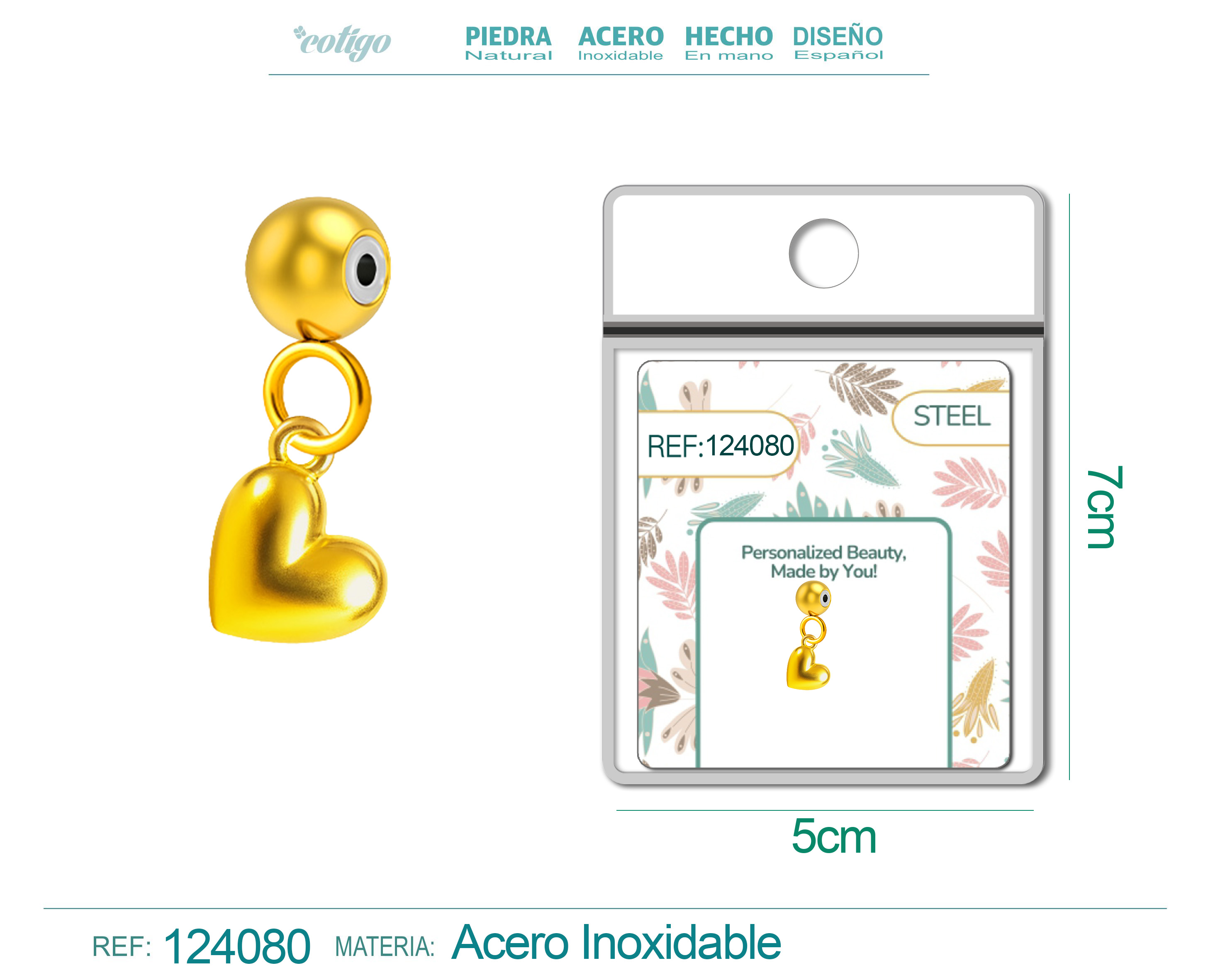 CHARM Acero Dorado Chapado Oro 14 K-con Bola de Goma