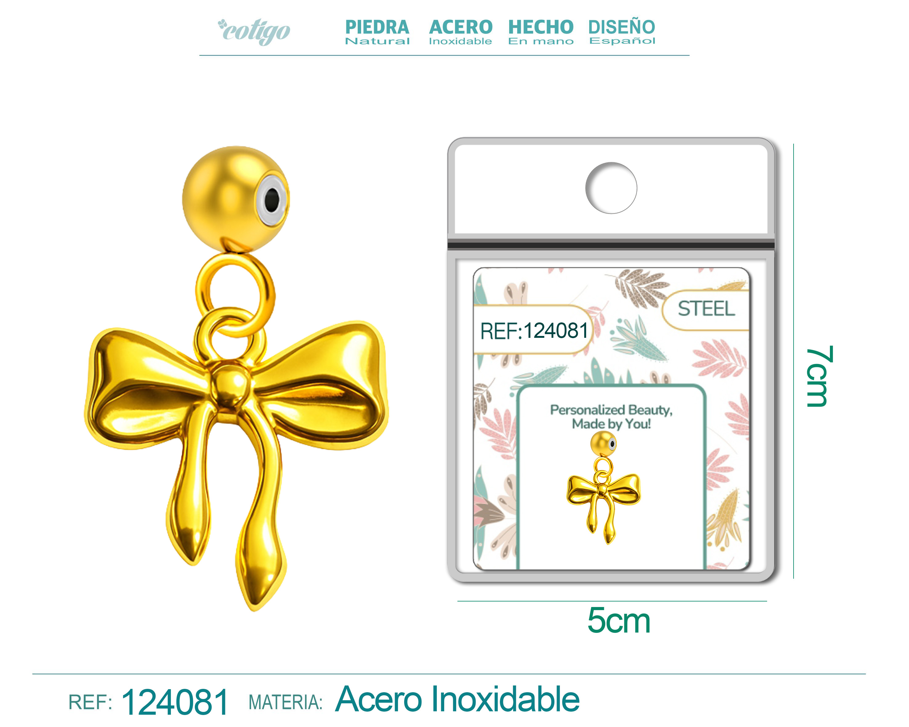 CHARM Acero Dorado Chapado Oro 14 K-con Bola de Goma