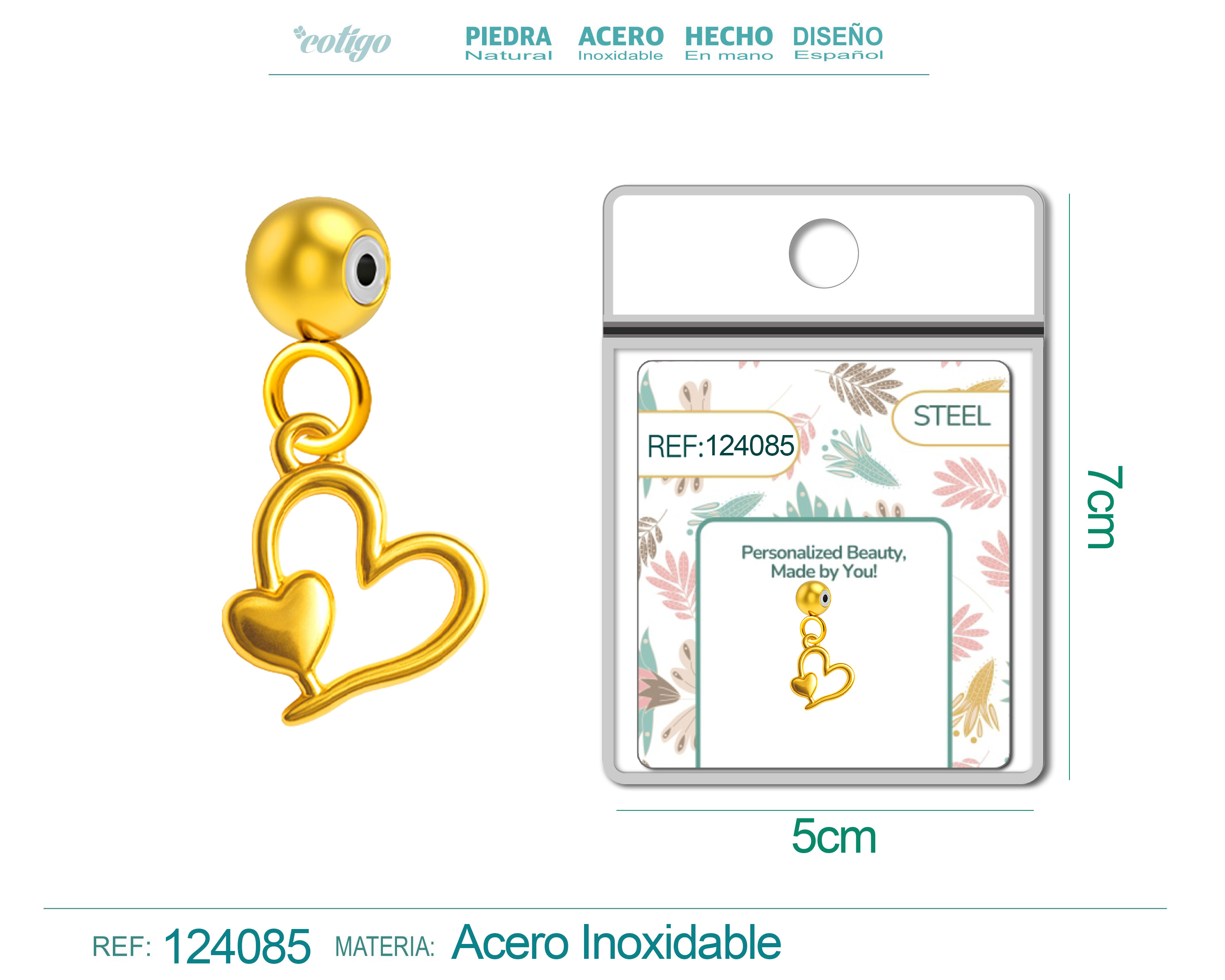 CHARM Acero Dorado Chapado Oro 14 K-con Bola de Goma