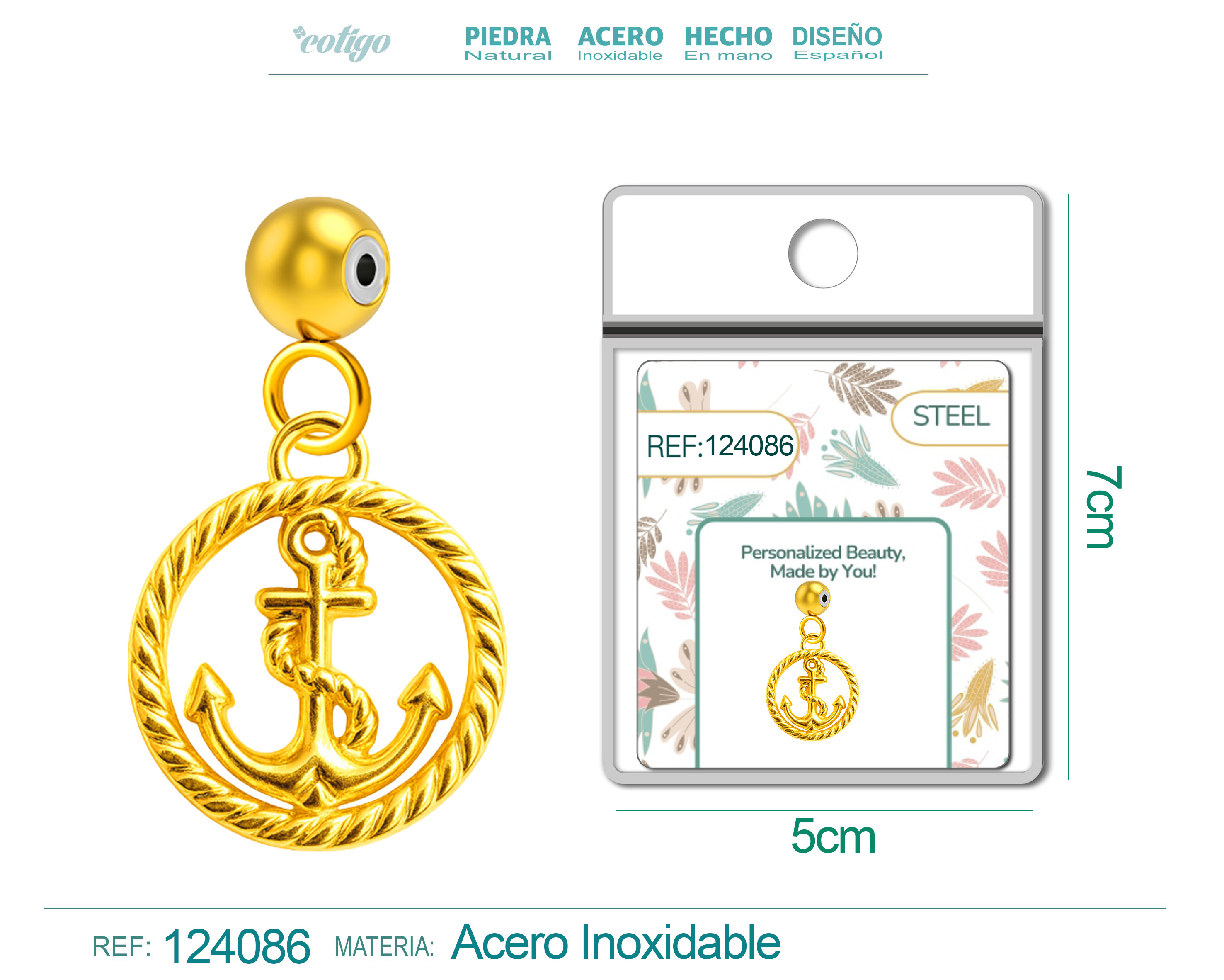 CHARM Acero Dorado Chapado Oro 14 K-con Bola de Goma