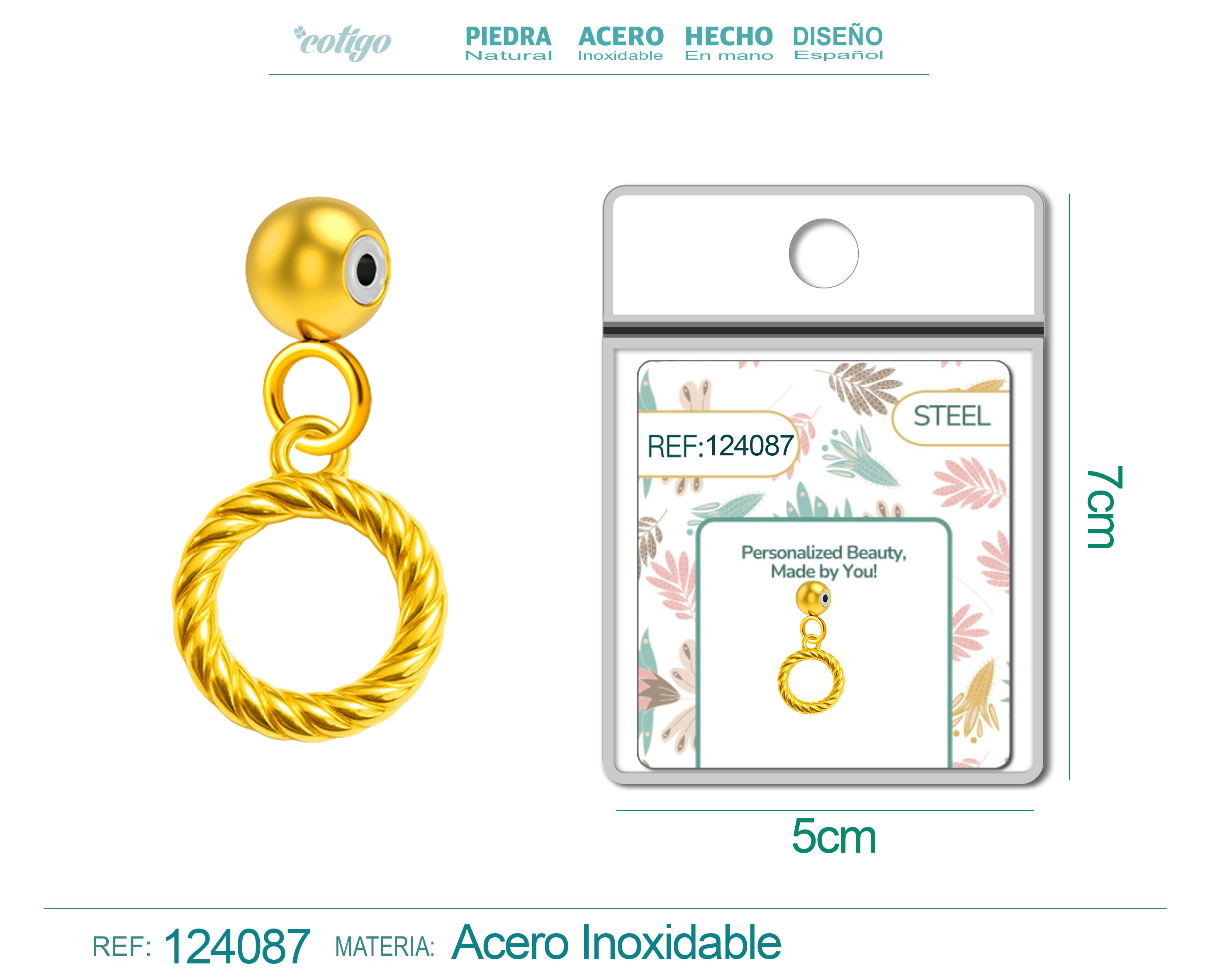CHARM Acero Dorado Chapado Oro 14 K-con Bola de Goma