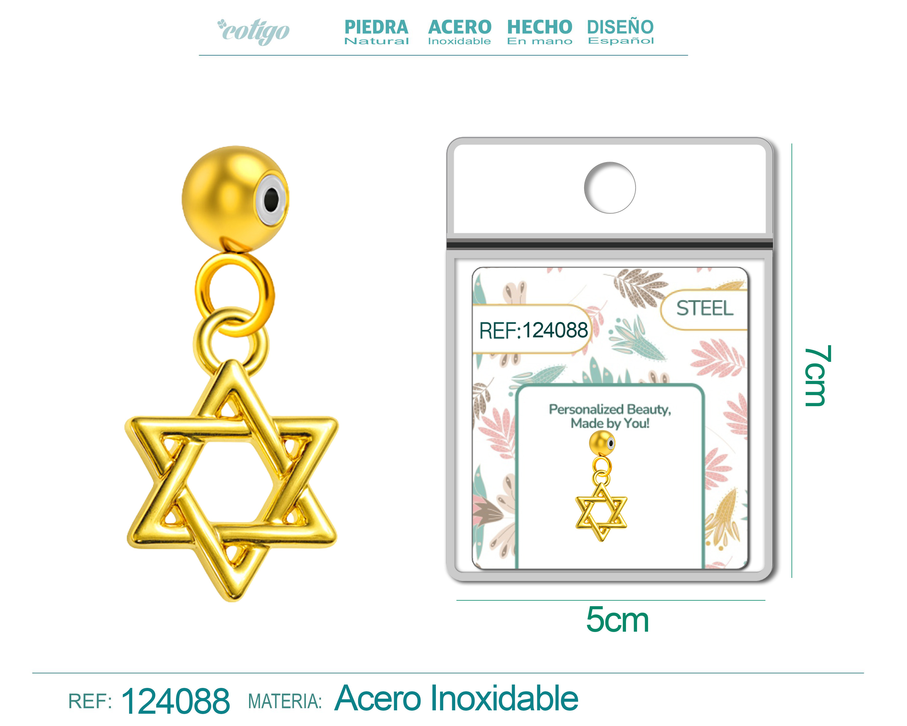 CHARM Acero Dorado Chapado Oro 14 K-con Bola de Goma